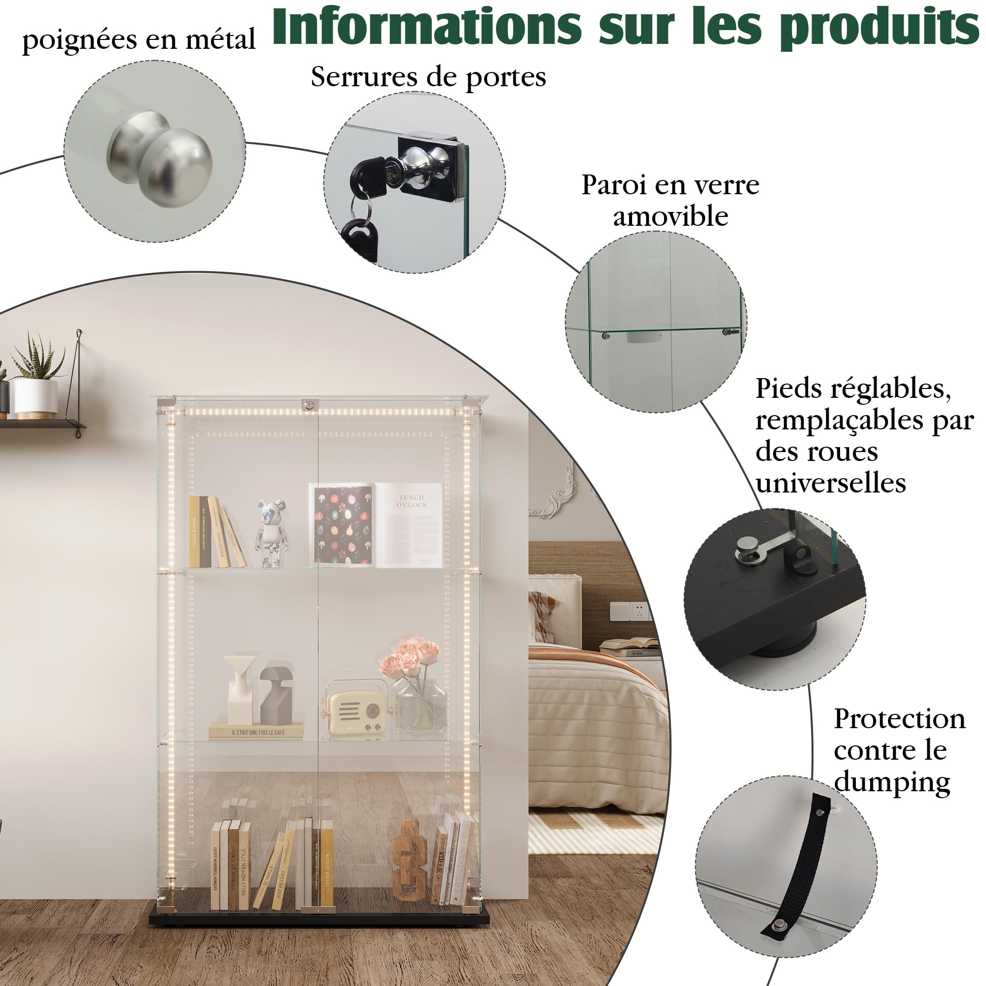 Vetrina in vetro a 3 strati con luce LED e 2 porte, vetrina in vetro temperato con serratura, vetrina da collezione indipendente, scaffale per soggiorno (nero, 3 strati 2 porte)