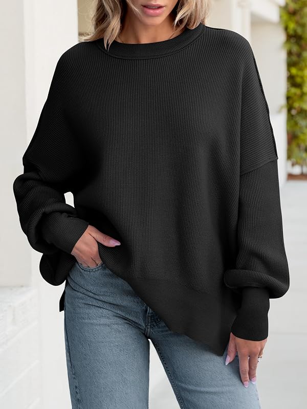 ANRABESS Women Oversized Sweaters Batwing Long Sleeve 2026 Fall Outfits Crewneck Casual Knit Side Slit Fashion Pullover Top Black X-Small by ANRABESS - Image 2