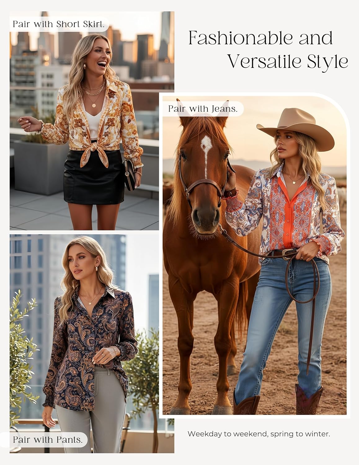 GRACE KARIN Women's Boho Floral Long Sleeve Blouses, Dressy Casual Button Down Shirts, 2026 Fall Work Vacation Tops