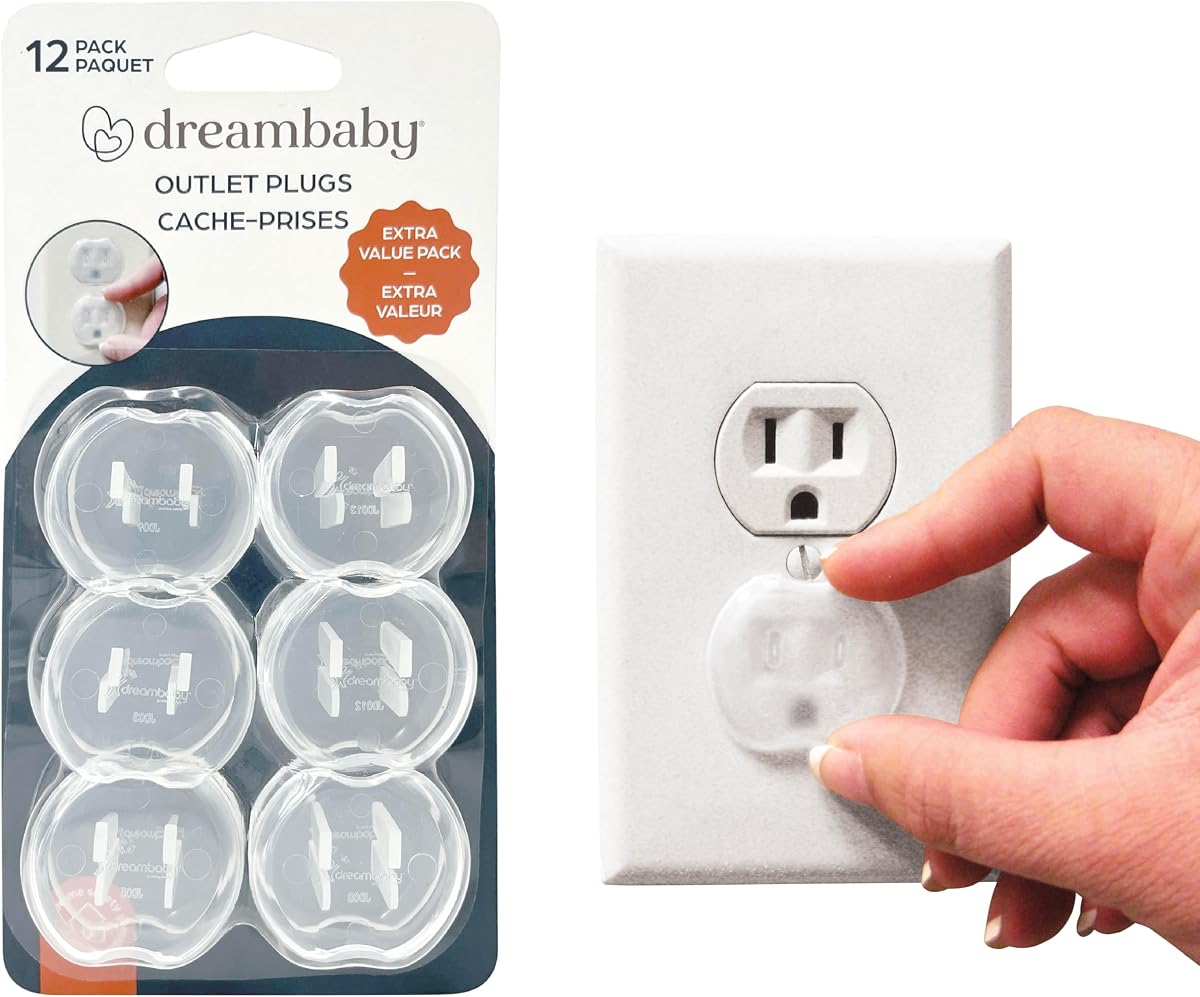 Cubiertas de plástico para enchufes de seguridad para bebés Dreambaby, paquete de 12, cubiertas para enchufes a prueba de bebés