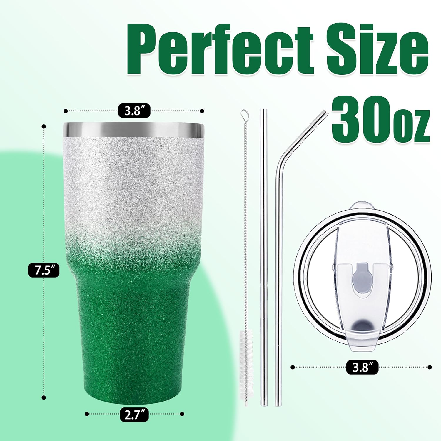 D·S 30 oz Tumbler Christmas Green Glitter Gradient Cup Stainless Steel Double Wall Vacuum Insulated Mug with Straw and Lid, Cleaning Brush for Cold and Hot Beverages - Image 2