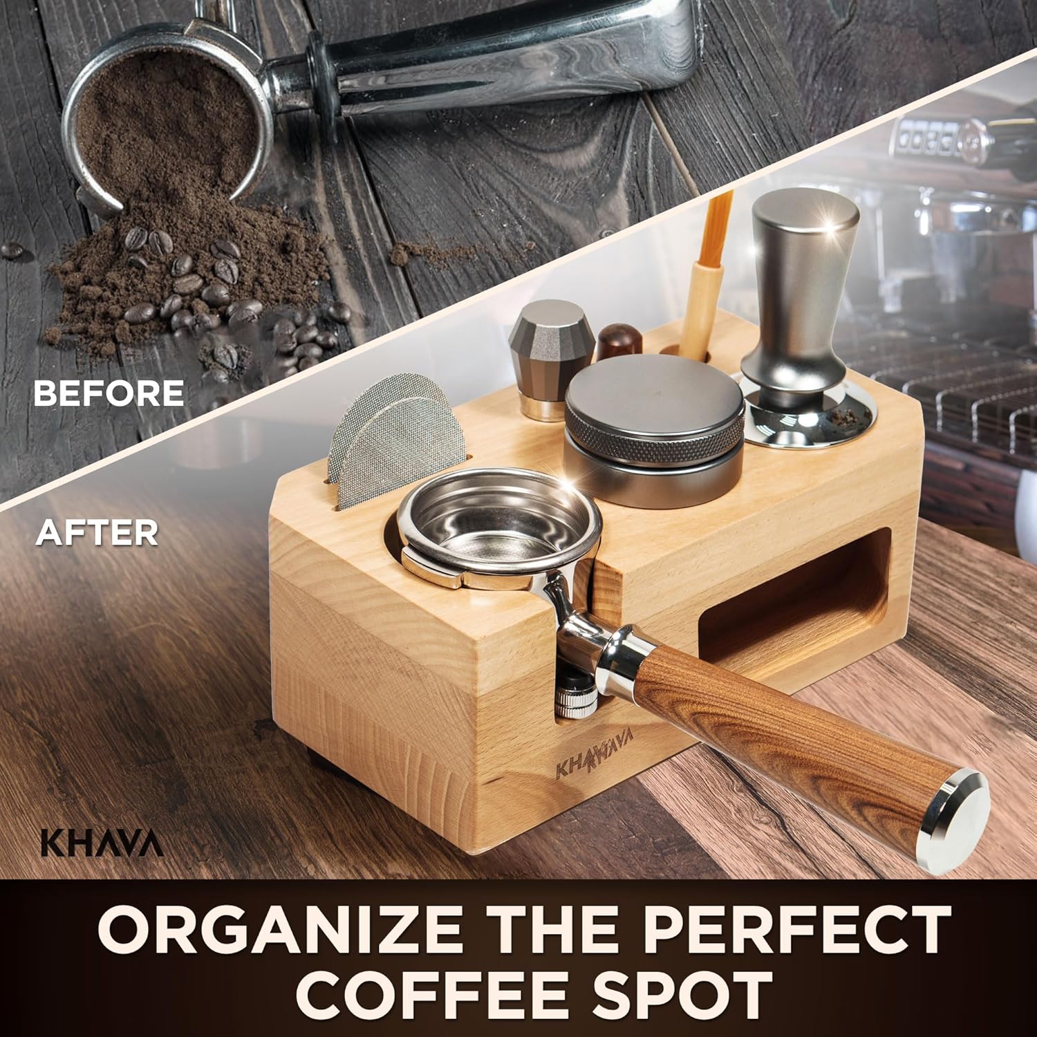khava espresso tamping station | wooden coffee tamper station 51-54 mm | espresso organizer portafilter holder | coffee station organizer for countertop | espresso accessories for coffee bar, natural