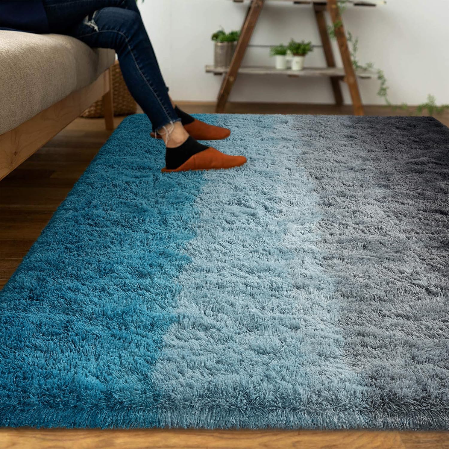 DweIke Luxury Fluffy Kids Rugs for Living Room Bedroom, 8x10 Large Shaggy Black and Blue Area Rug for Girls Boys, Upgrade Plush Non-Slip and Washable Colorful Fuzzy Carpet for Dorm Nursery Decor 8' x 10' (Rectangular) Blue Black