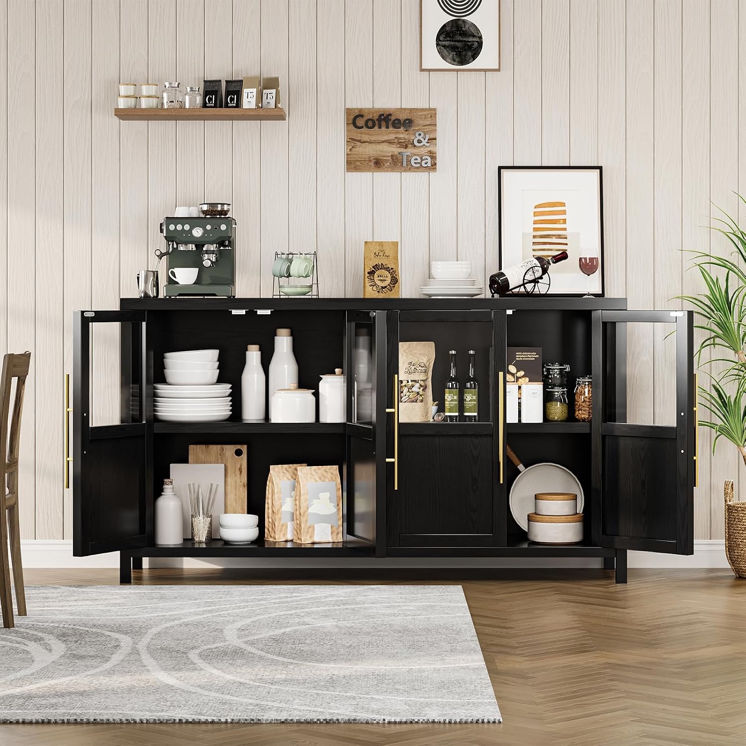55 Inch Buffet Sideboard Cabinet - 4-Glass Doors - Wooden Entryway Storage for Kitchen, Dining Room, Living Room - Black