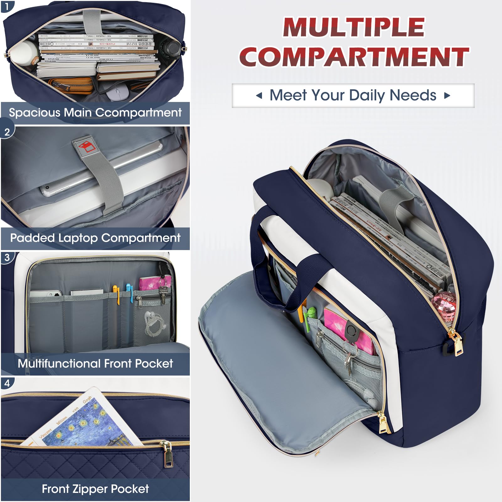 NEWHEY Borsa per computer portatile da 17,3 pollici valigetta per computer da donna grande borsa per computer | Borsa a tracolla impermeabile con tasche multiple e tracolla imbottita, per lavoro, ufficio, università, blu e beige