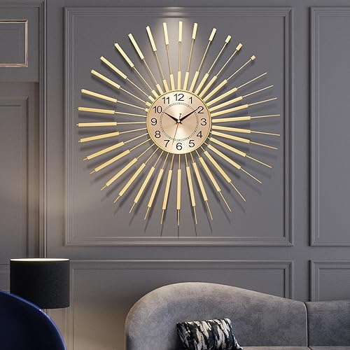 Miniatura 6 de Reloj de pared dorado silencioso de 24 pulgadas, funciona con pilas, moderno reloj decorativo de mediados de siglo para colgar en metal, para sala
