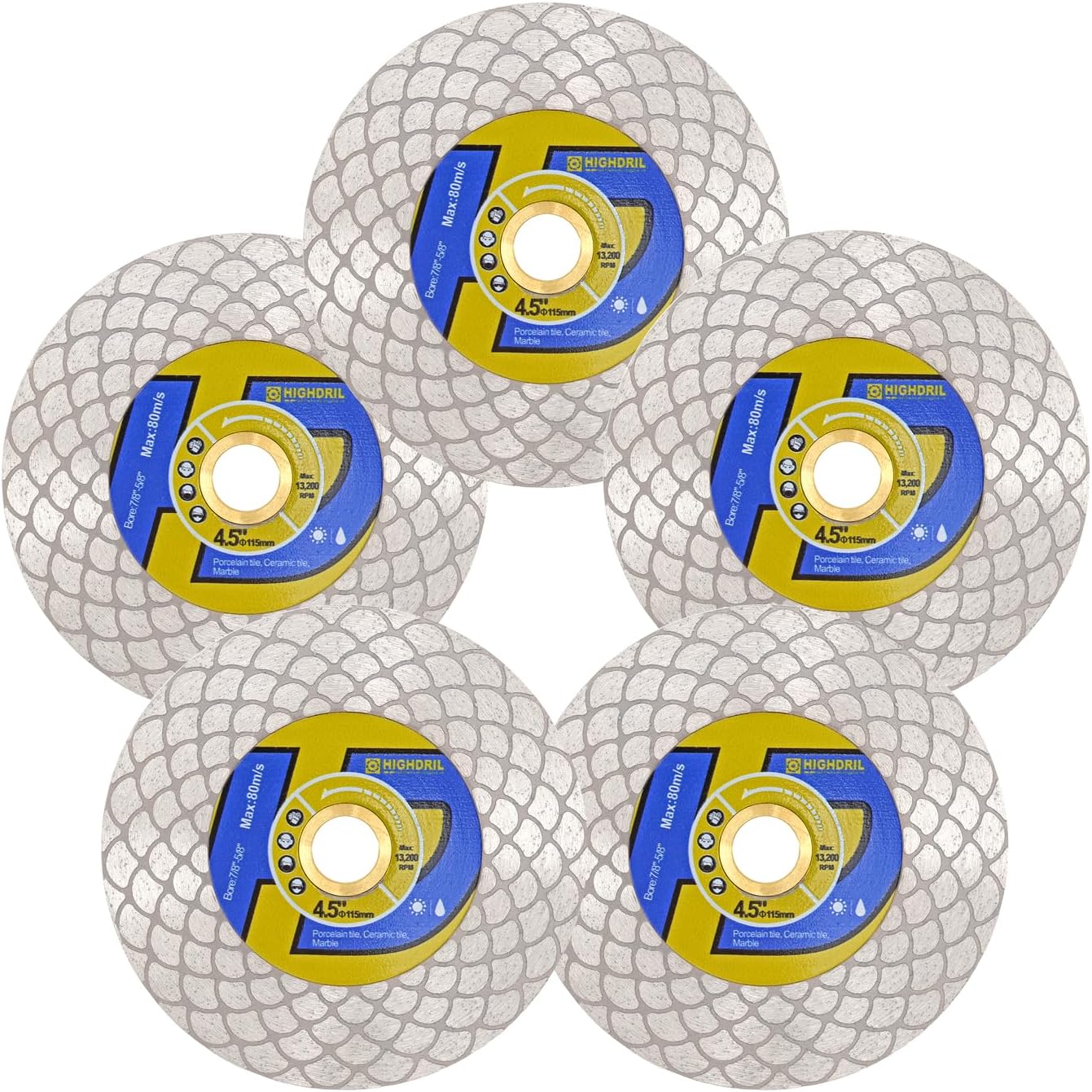 HIGHDRIL Diamond Tile Saw Blade - 5Pcs 4-1/2 Inch/115mm Cutting and Grinding Disc for Porcelain Tile Granite Marble Ceramic Quartz (Fan-shaped Blade)