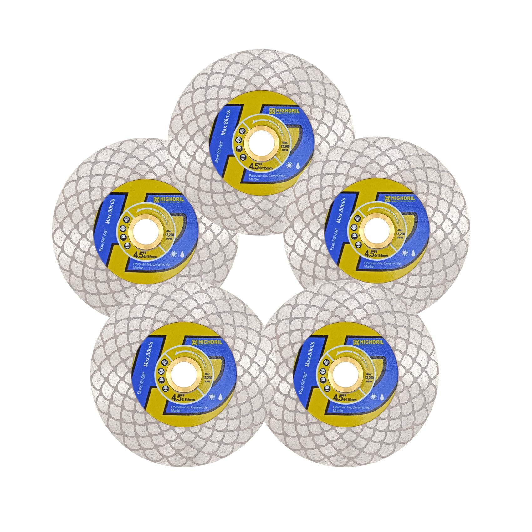 HIGHDRIL Hoja de sierra para azulejos de diamante, 5 unidades de 4-1/2 pulgadas/115 mm, disco de corte y molienda para azulejos de porcelana, granito, mármol, cerámica, cuarzo (hoja en forma de