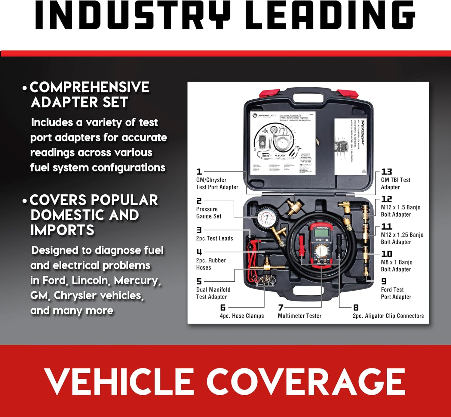 Powerbuilt Fuel System Diagnostic Kit, Pressure Test Gauge, Electrical System Issues, Adapters, Test Leads, Multimeter, Storage Case - 647959