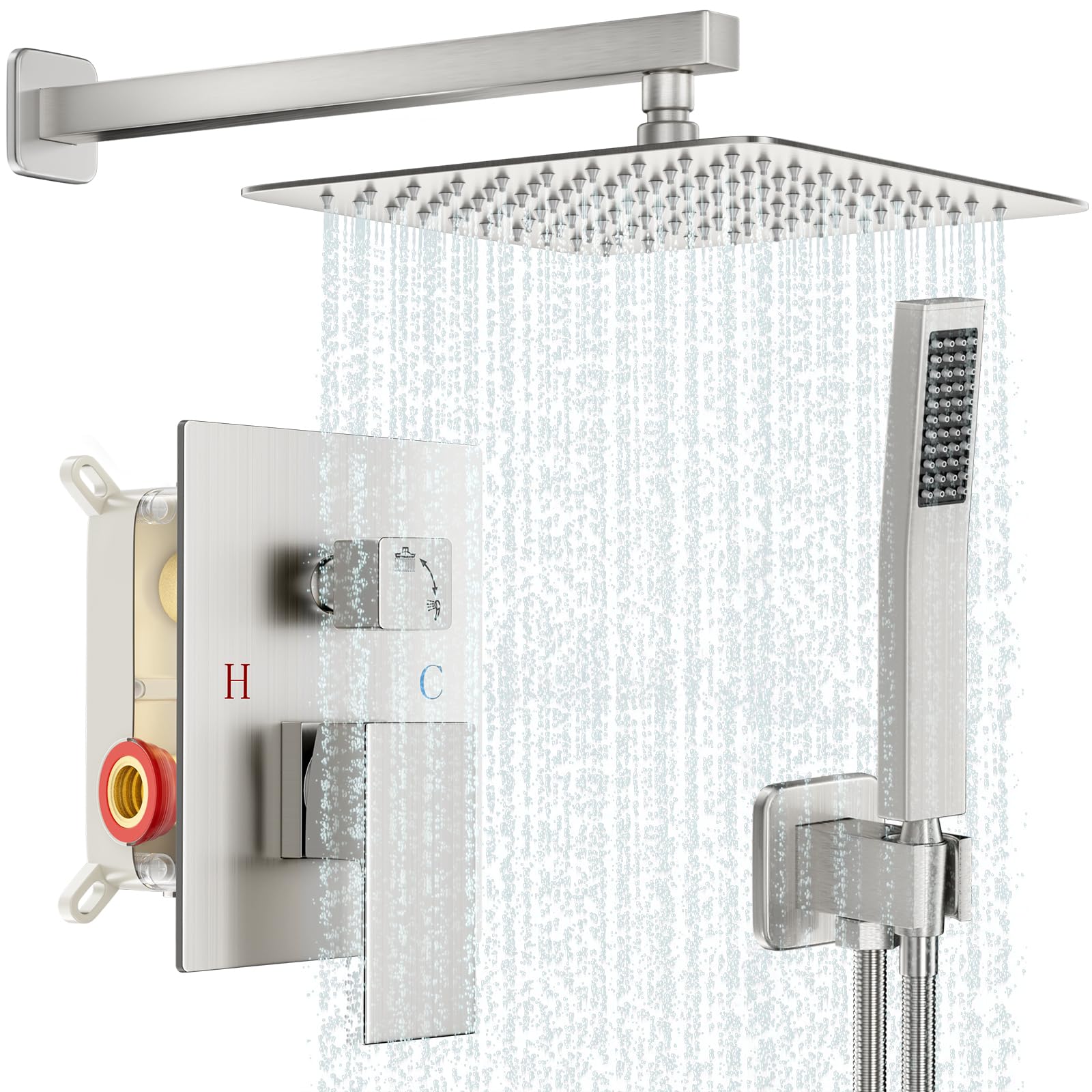 Photo 1 of Baetuy Shower Faucet Set Bathroom Square Rain Shower Head and Handle Set, Wall Mounted Shower Fixtures With Shower Valve and Trim Kit 12 inch Brushed Nickel