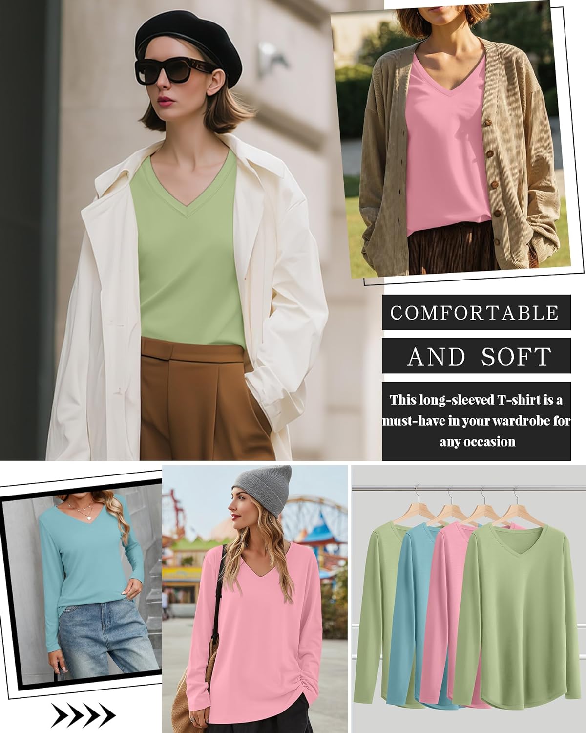 Ficerd 3 Pack Women's Long Sleeve Shirts, V Neck Cotton Blend Tops Loose Fit Casual T-Shirts Curved Hem Basic Layering Tees - Image 5