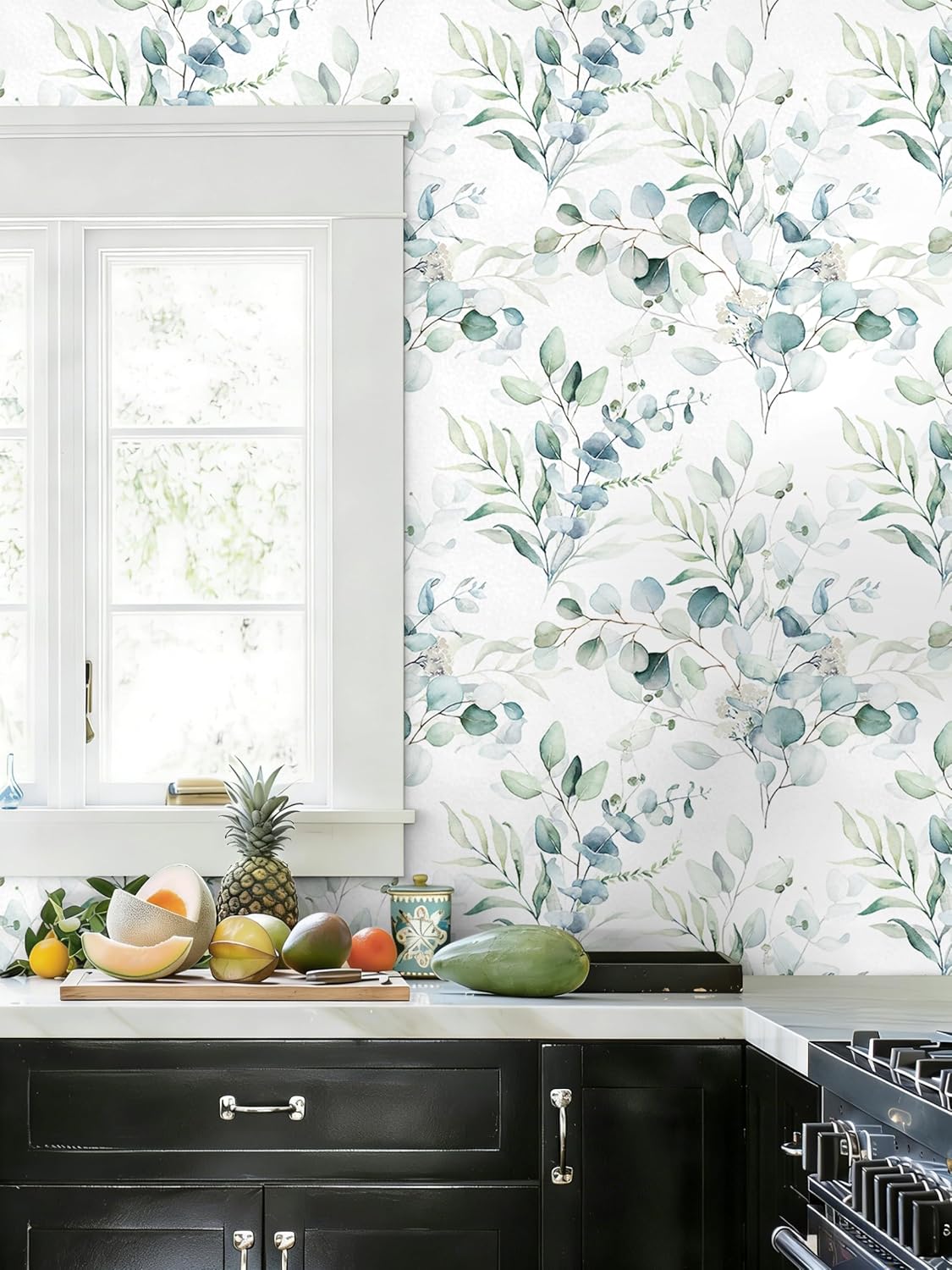 Floralplus Peel and Stick Wallpaper Boho Eucalyptus Leaf Wallpaper for Bathroom Renter Friendly Removable Wallpapers Stick On Contact Paper for Bedroom Home Decor 17.5 x118 in