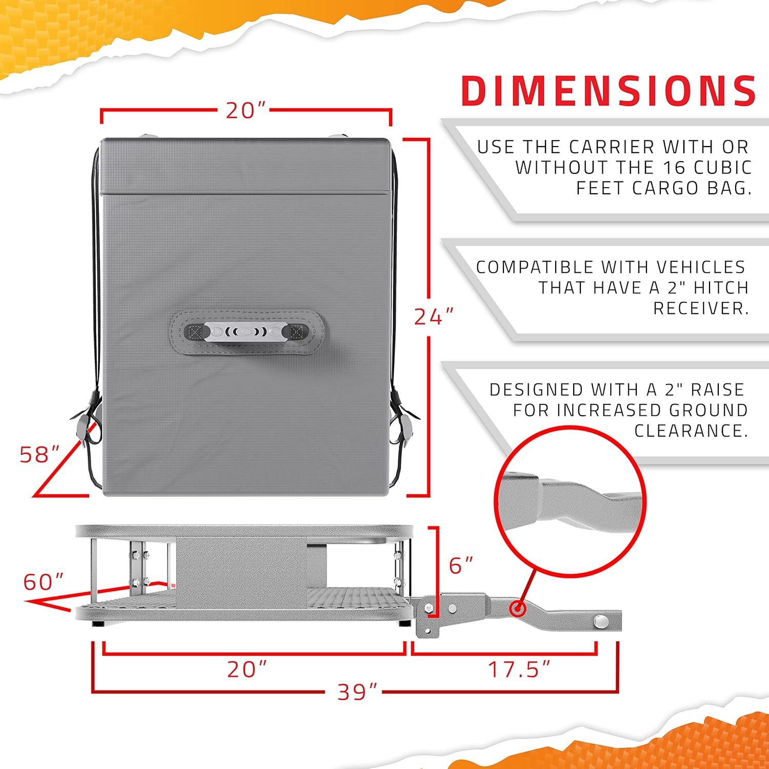 Mockins 60x20x6 Heavy Duty Trailer Hitch Cargo Carrier 500lb Cap. & 16CuFt Waterproof Luggage Cargo Bag | Folding Luggage Rack for SUV & Cars with Cargo Net & Hitch Accessories |Fits 2" Receiver |Gray : Automotive