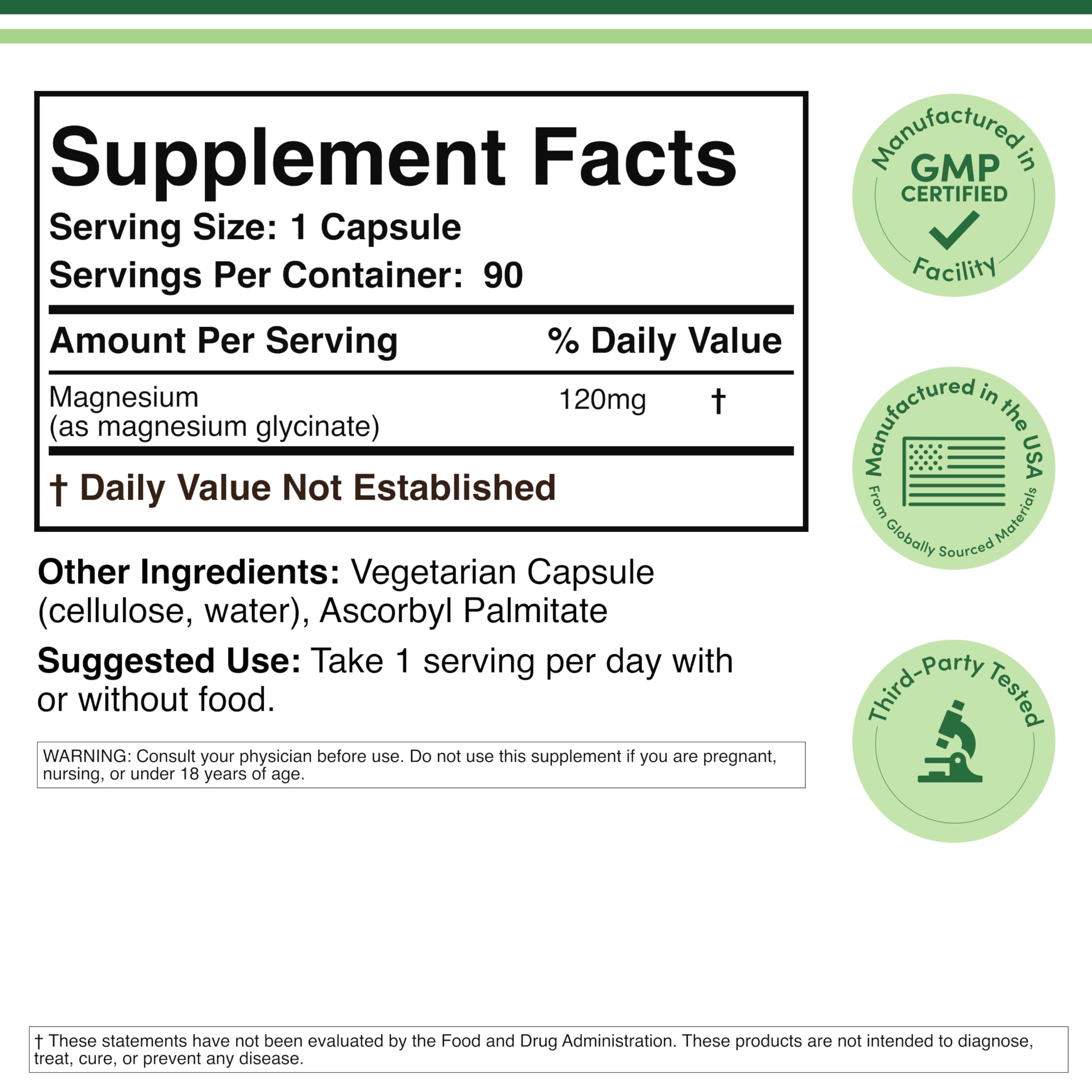 Magnesium Glycinate Extra Strength,120mg of Elemental Magnesium, 90 Caps — Amazon image 2