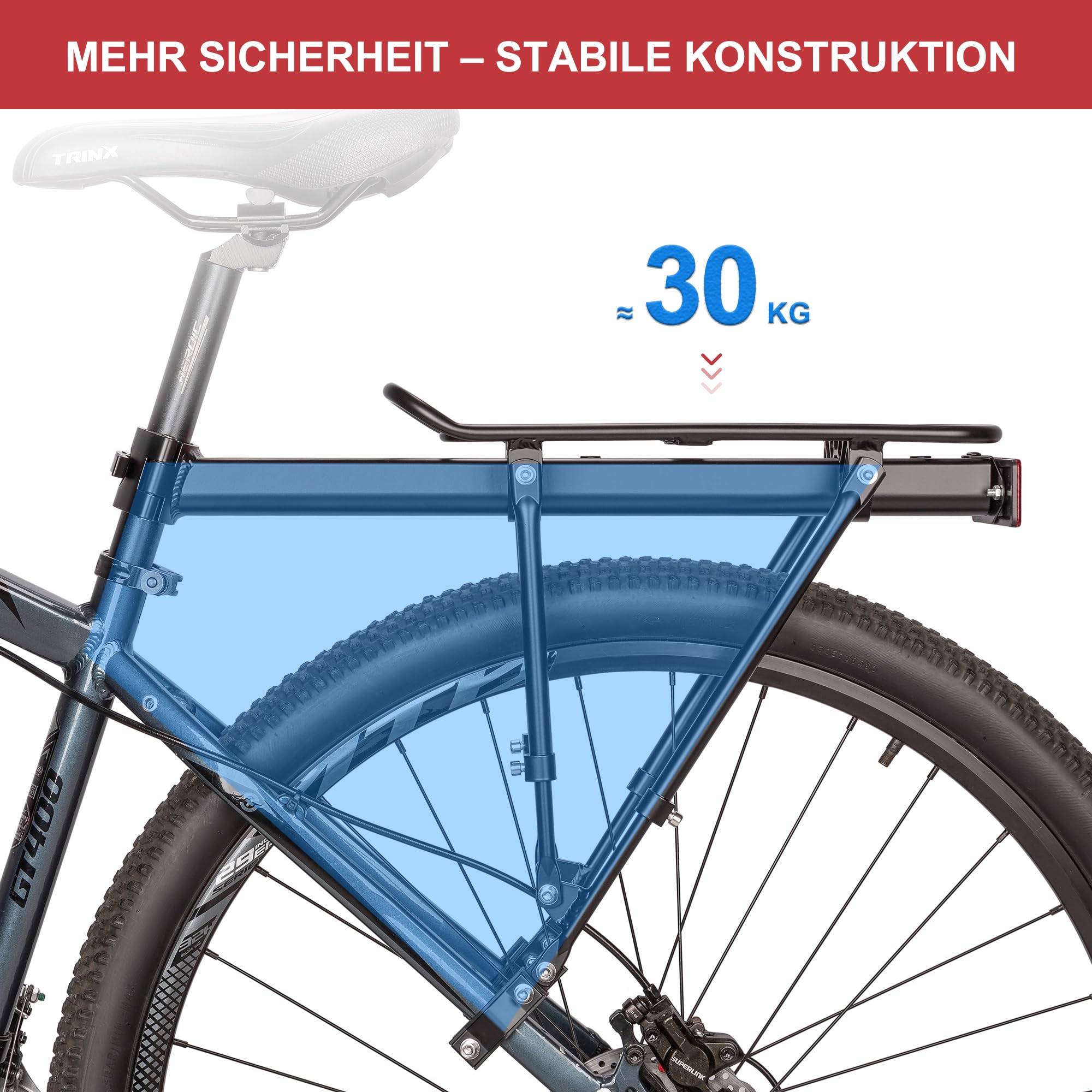 CXWXC Fahrrad-Gepäckträger hinten, Sattelstützen-Gepäckträger, 30 kg Tragkraft, für Fahrradtaschen, Radtouren und E-Bikes