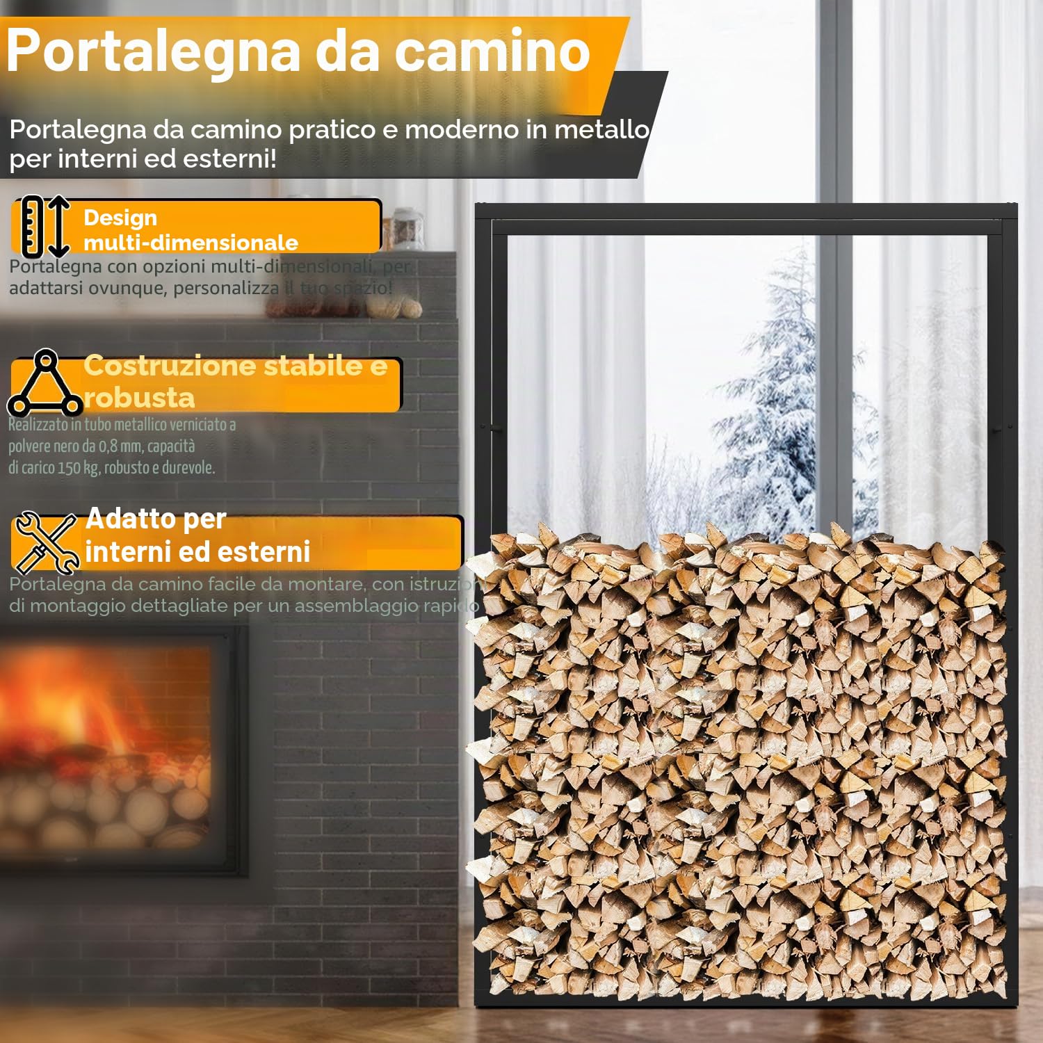 Ikodm - Scaffale per legna da ardere per interni ed esterni, in metallo, scaffale per legna da ardere per esterni 100 x 25 x 150 cm, supporto per legna da ardere per camino e stufa, riparo per legna