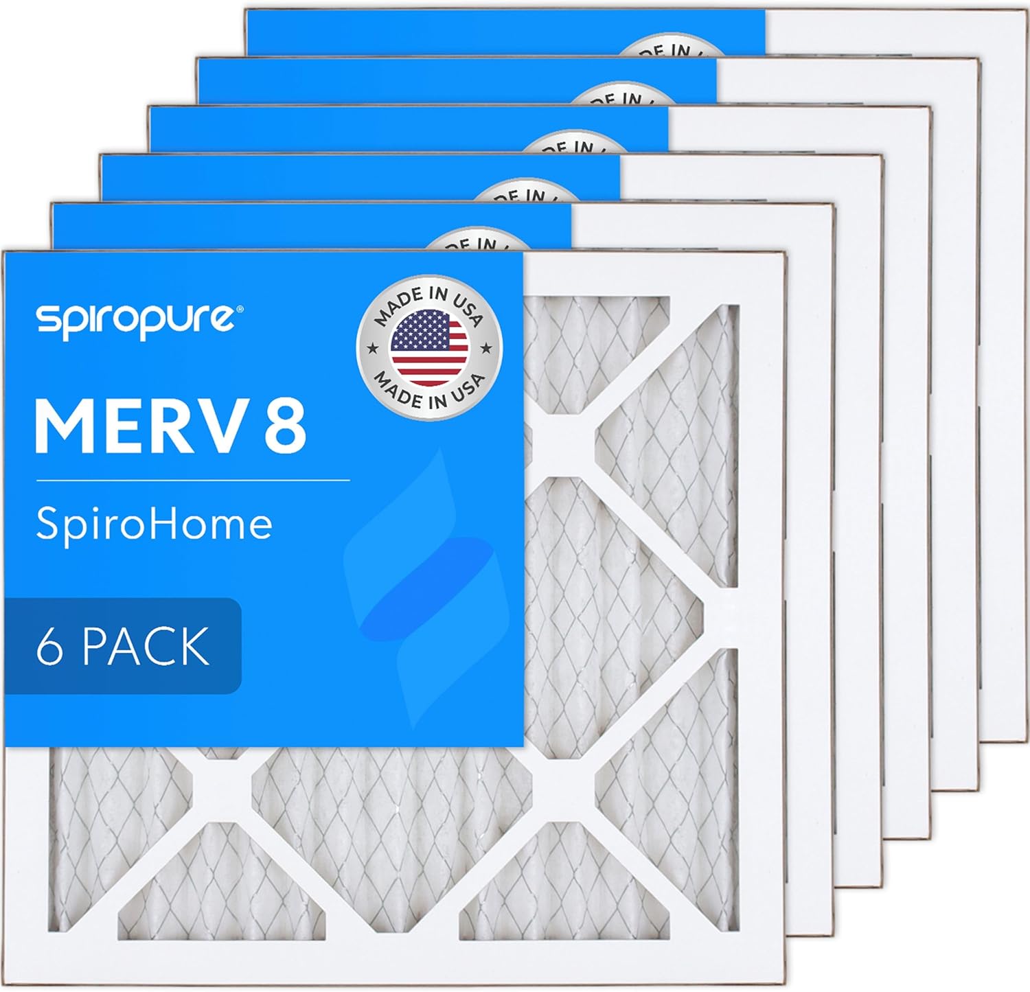 SpiroPure 11.5X11.5X1 MERV 8 Pleated Air Filters - Made in USA (6 Pack)