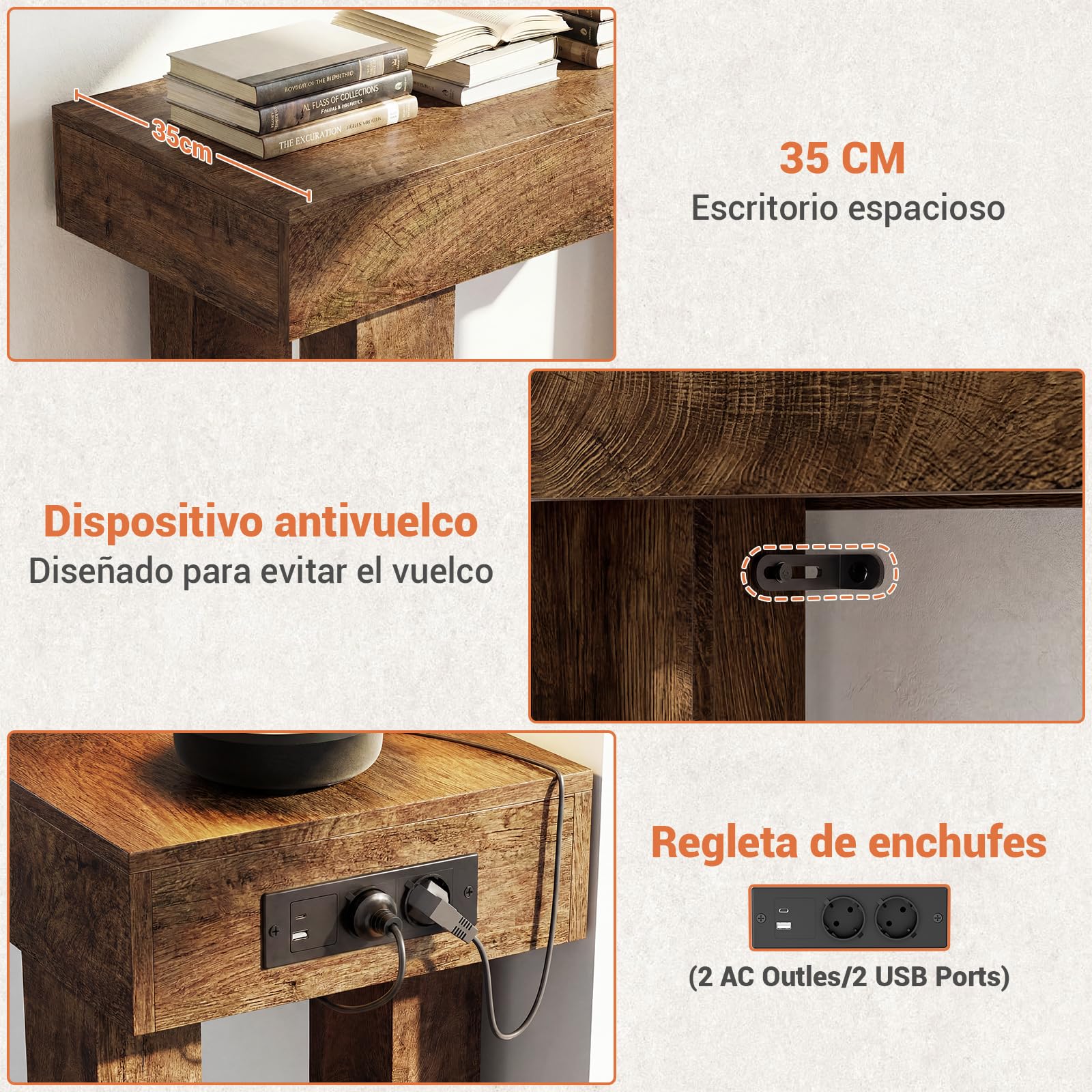 iSunirm Mesa Consola con Enchufes, 120x35x85 cm Consola Recibidor Estrecha con 2 Enchufes, 2 USB y Luz con Sensor, Pasillo, Salón, Detrás del Sofá, Roble Rústico