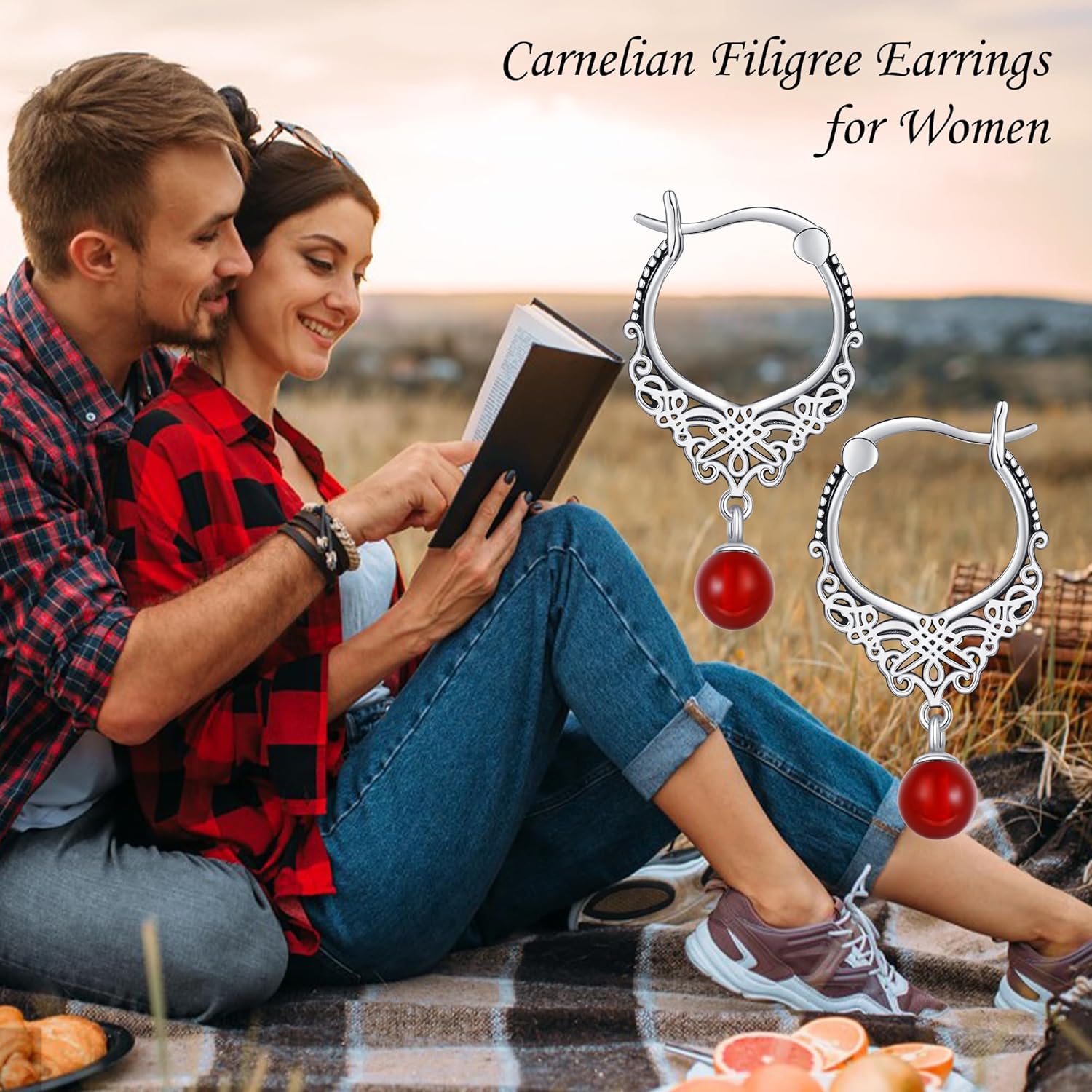 Carnelian/Moss Agate/Turquoise/Rose Quartz Earrings 925 Sterling Silver Filigree Hoop Earring for Women Gemstone Earring for Women