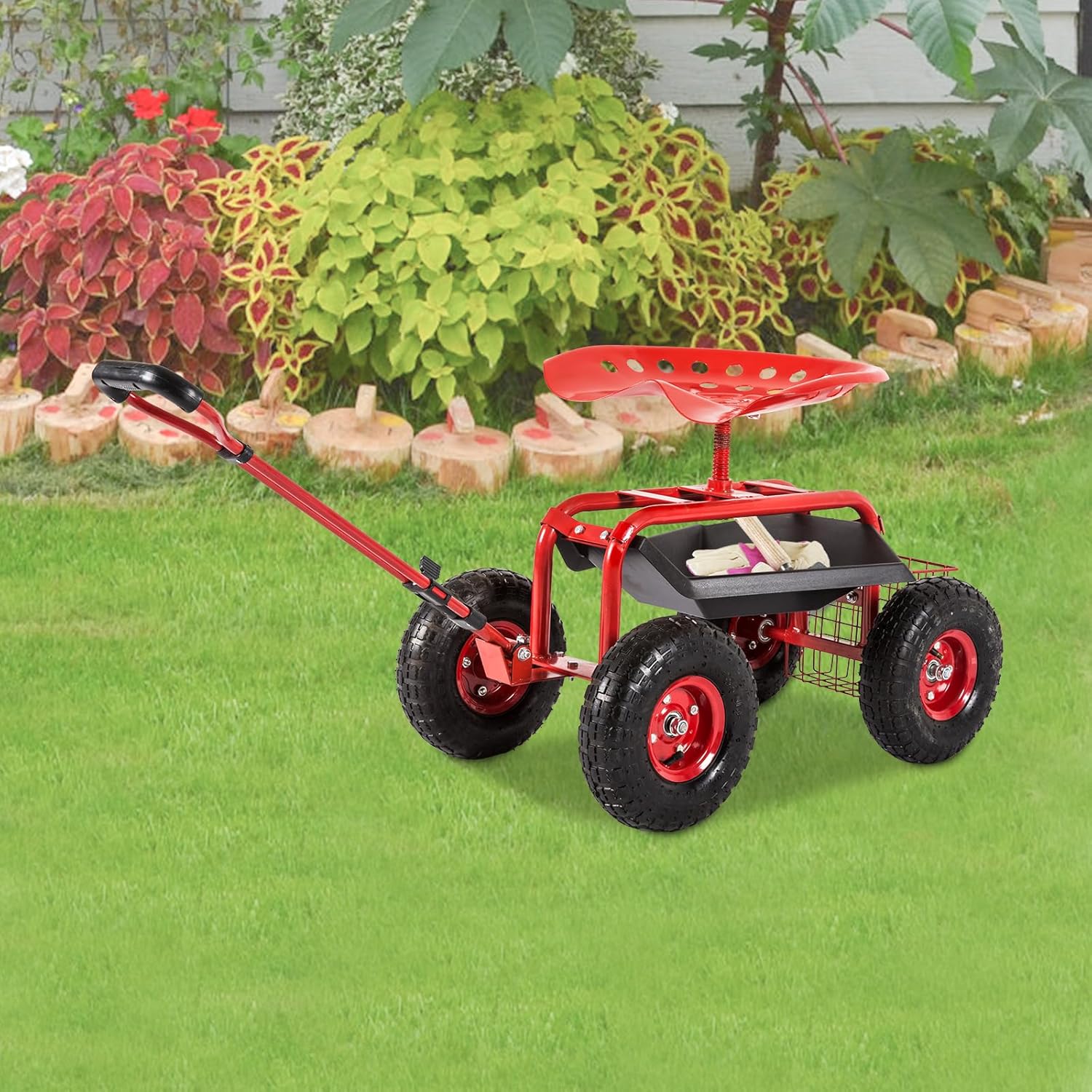 J-Sun-7 Garden Cart with Seat - Steel Rolling Garden Scooter Stool with Wheels, 360 Degree Swivel Work Seat, Adjustable Handle, Tool Tray, Basket, Gardening Stools for Seniors, Red
