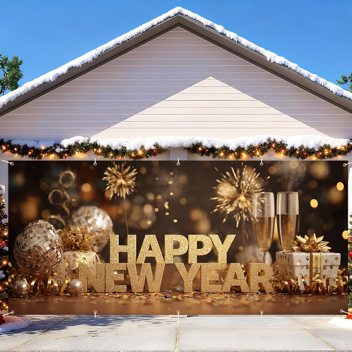 7 x 16 ft Christmas Garage Door Decorations Merry Christmas Decorations Xmas Garage Door Cover, Happy New Year Hanging Banner for Home,Outdoor,Indoor,Party (Snowmen-2, 7x16 ft)