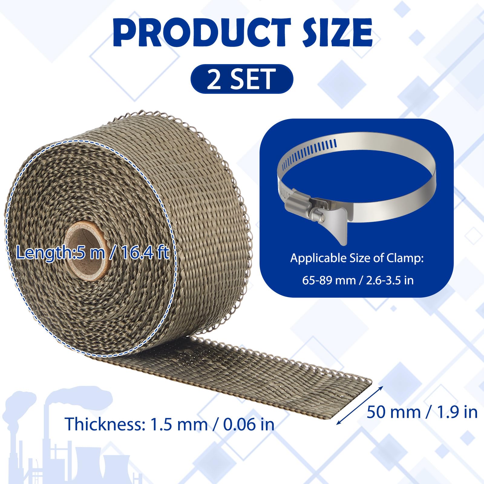 Gisafai 2 Rolls Basalt Fiber Heat Shield Tape – 1.97” X 16.4 Ft, Fireproof Pipe Wrap, 3002°F Resistant, With Clamps