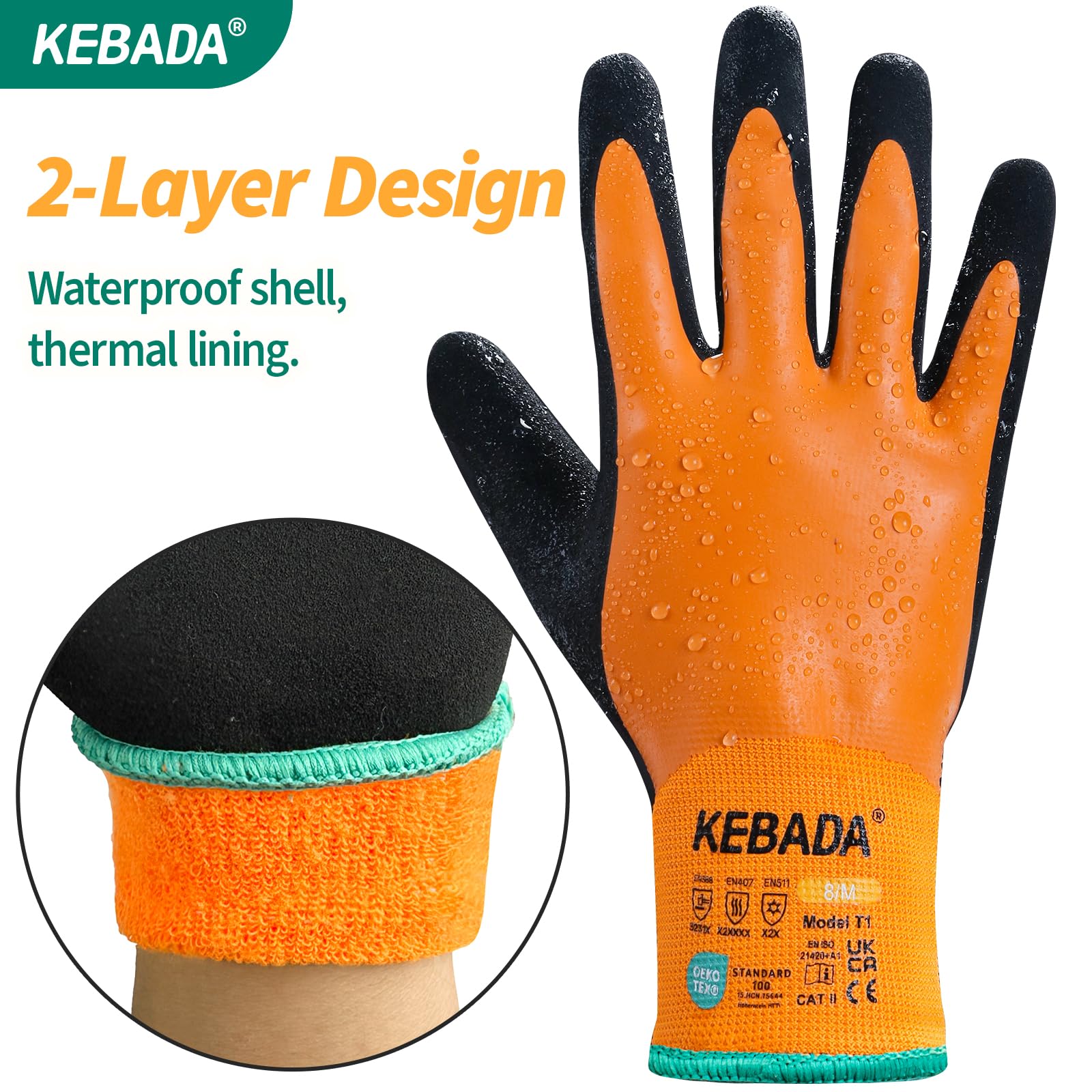 Kebada guantes de trabajo invierno unisex térmicos impermeables T1, 3 pares | Talla 9/L, hombre/mujer, forro cálido, palma de látex antideslizante para cámara fría, almacén, jardinería y frío exterior