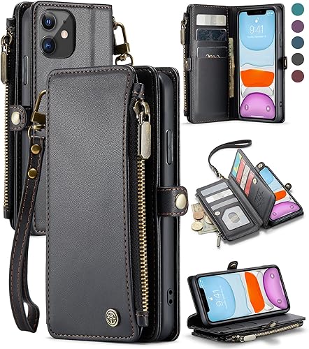 Defencase Funda para iPhone 11, bloqueo RFID para iPhone 11, funda tipo cartera para mujeres y hombres con tarjetero, bolsillo con cremallera