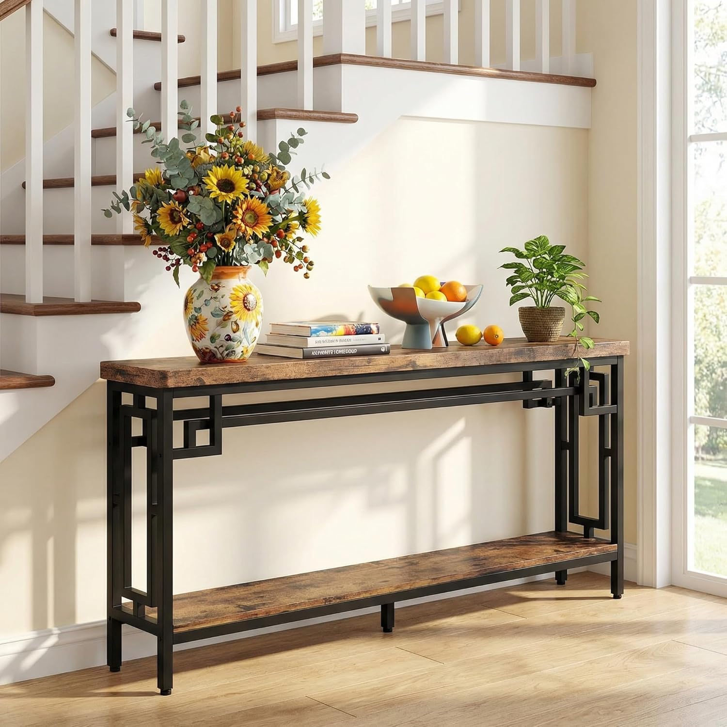IRONCK 70.9" Long Console Table, 2-Tier Long Narrow Console Table Behind Couch for Display with Central Support Frame, Industrial Long Entryway Table for Entryway and Living Room