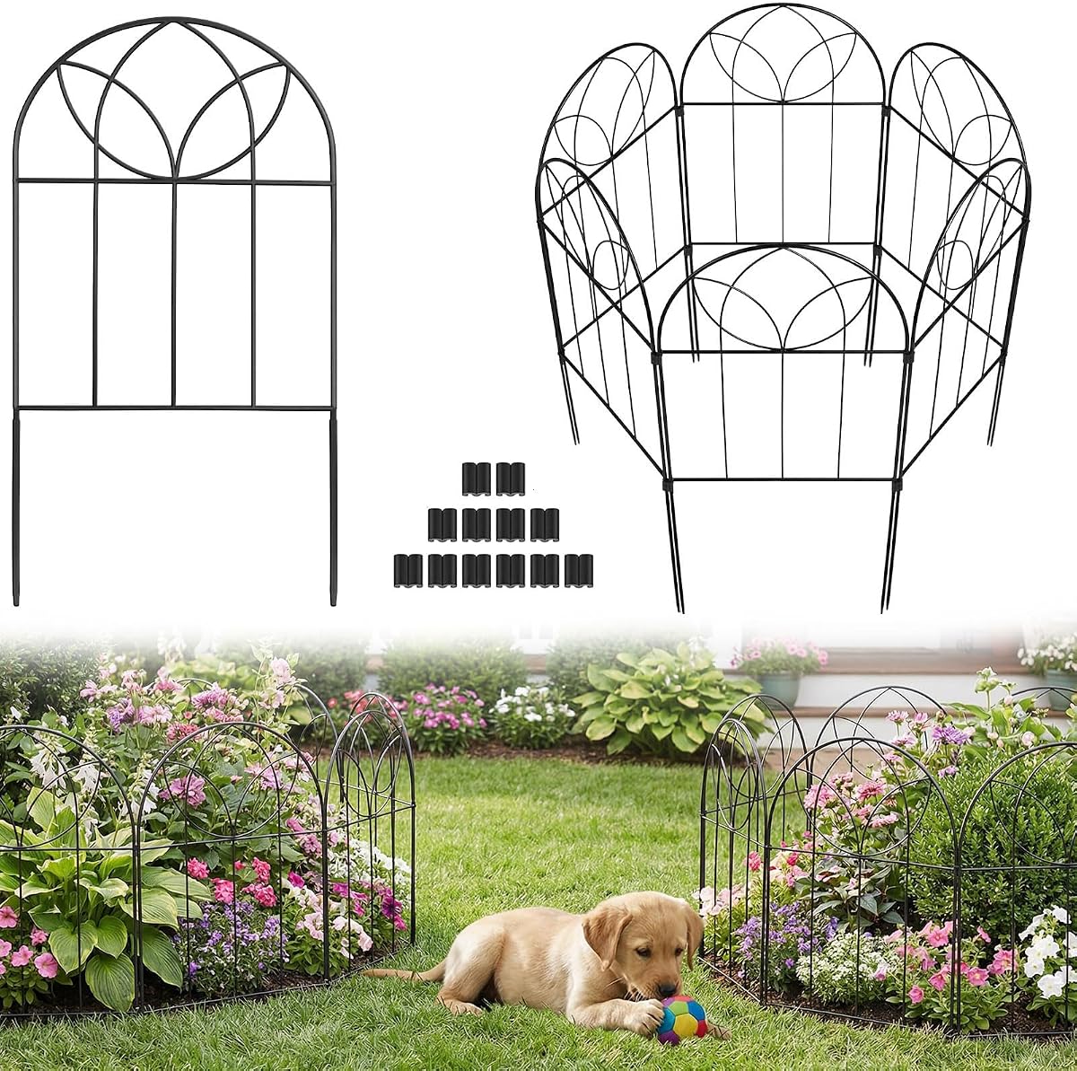 Small Garden Fence 24in(H) x6ft(L), Decorative Fencing 6 Pack | Rustproof Metal, No Dig Animal Barrier, Black Arch Border Panel for Rabbit and Dog, Flower Bed, Yard, Patio, Outdoor