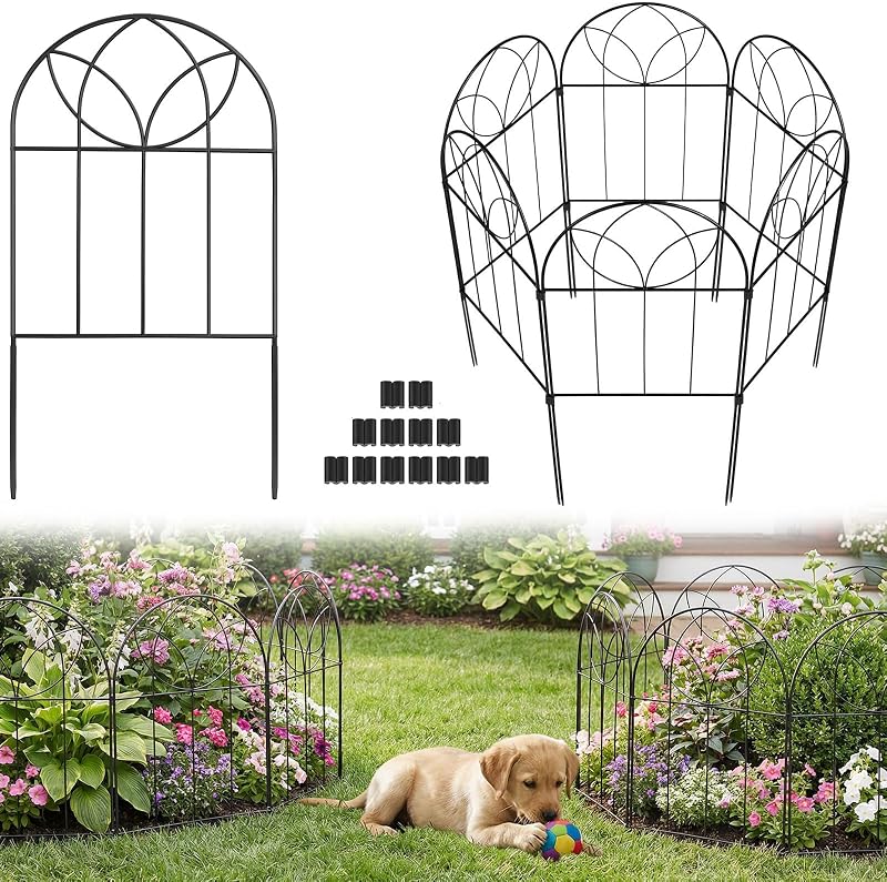 Small Garden Fence 24in(H) x6ft(L), Decorative Fencing 6 Pack | Rustproof Metal, No Dig Animal Barrier, Black Arch Border Panel for Rabbit and Dog, Flower Bed, Yard, Patio, Outdoor
