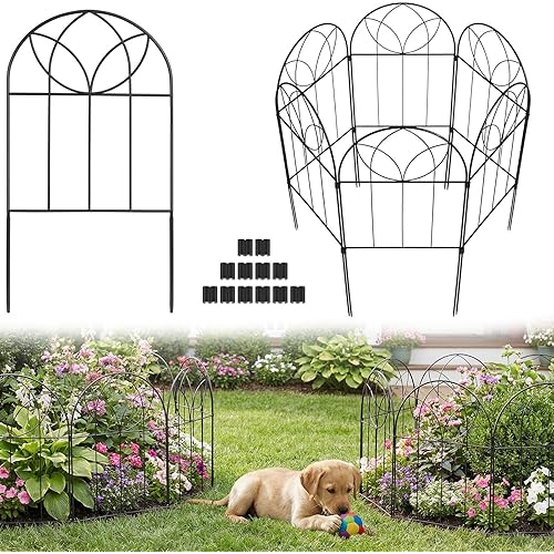 Decorative Garden Fence 24in(H) x 6ft(L) Small Garden Fence Animal Barrier, 6 PCS Rustproof Metal Fences Panel, Arch Black No Dig Fences, Rabbit and Dog Border Fencing for Flower Bed, Patio