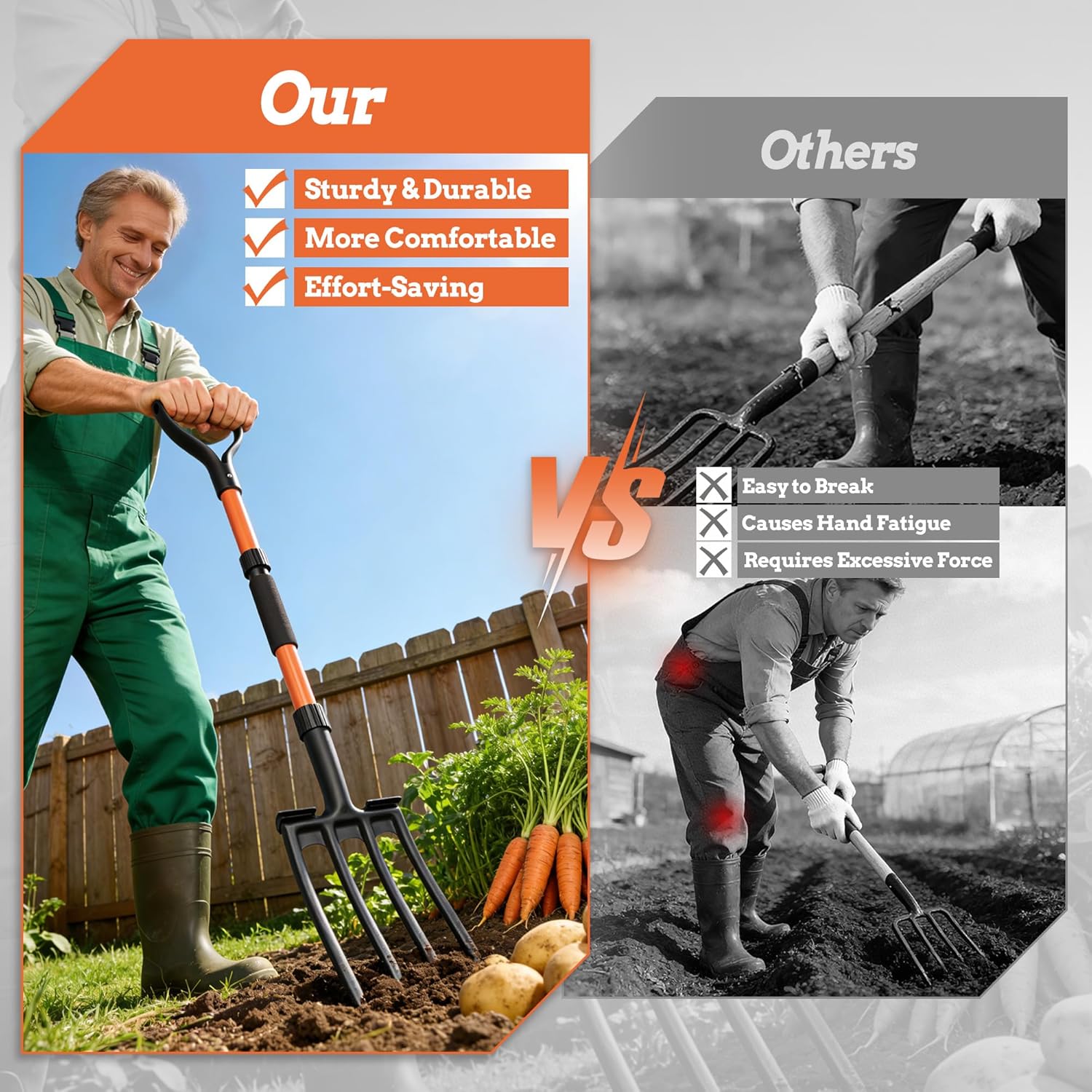 Pitch Fork for Garden Digging, 4-Tine Garden Fork with Foot Step, Ergonomic Y-Handle & Foam Grip, Lightweight Durable Pitchfork for Soil Loosening, Compost, Mulch, Weeding & Potato Harvest - 43 Inches