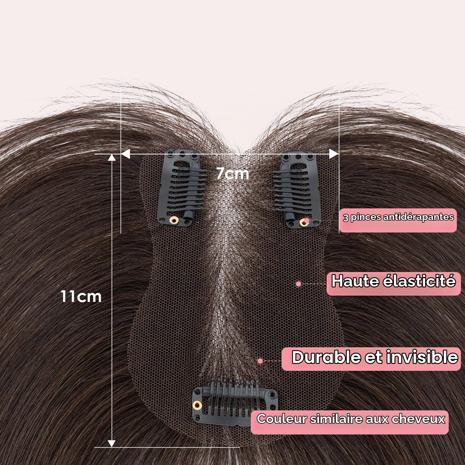S-noilite Cheveux Humain avec Frange Latérale, 27CM Clip In Cheveux Naturels Toppers, 14g Brun Moka Topper de Chevelure Humains pour Femmes, Chevelure Humains avec 7x11CM Base en Dentelle #2R