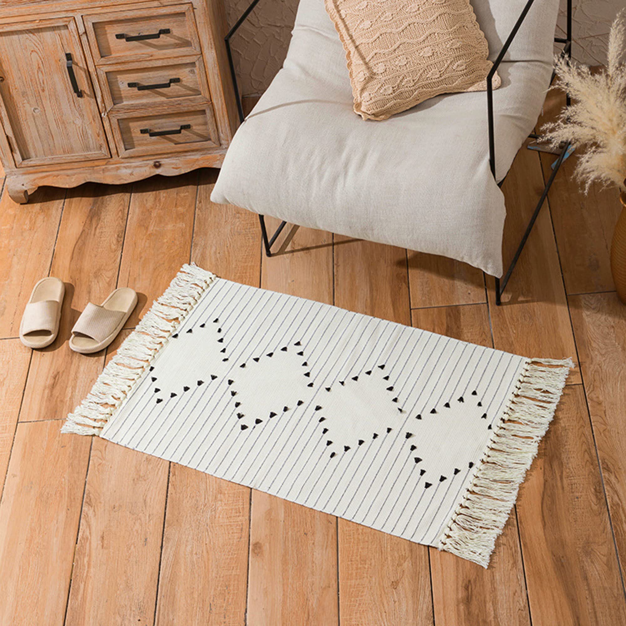 2 Stück Baumwollteppich (60 x 90 cm + 60 x 130 cm) Modern Schwarz und Weiß Bedruckter Teppich mit Quasten, maschinenwaschbar, moderner Bodenteppich für Eingangsbereich, Küche, Wohnzimmer,Schlafzimmer