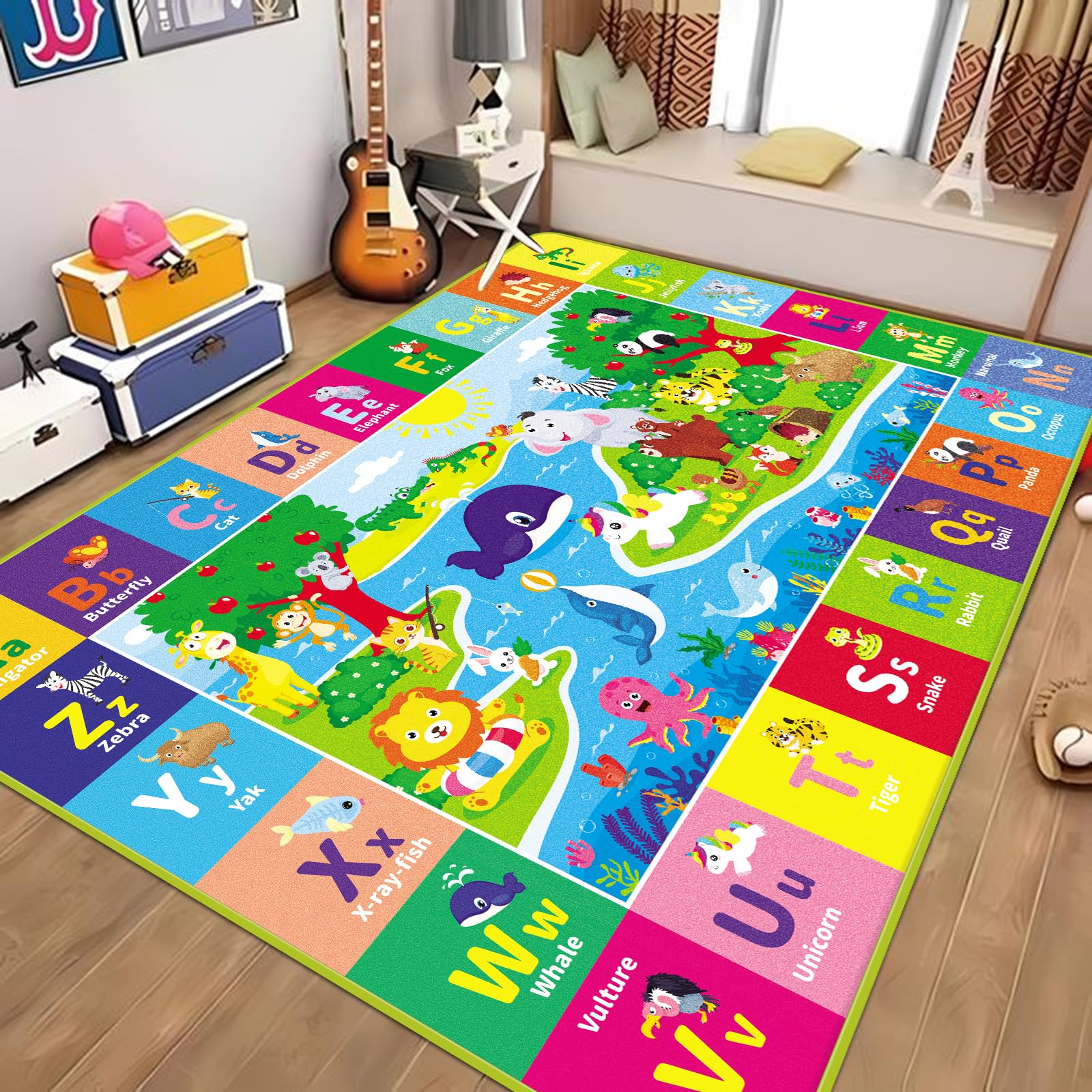 AKASISRUG 5X7 FT Kids Rug for Playroom, Play Mat with ABC & Animals - Super Soft Non-Slip Crawling Rug for Baby Toddlers, Educational Floor Mat for