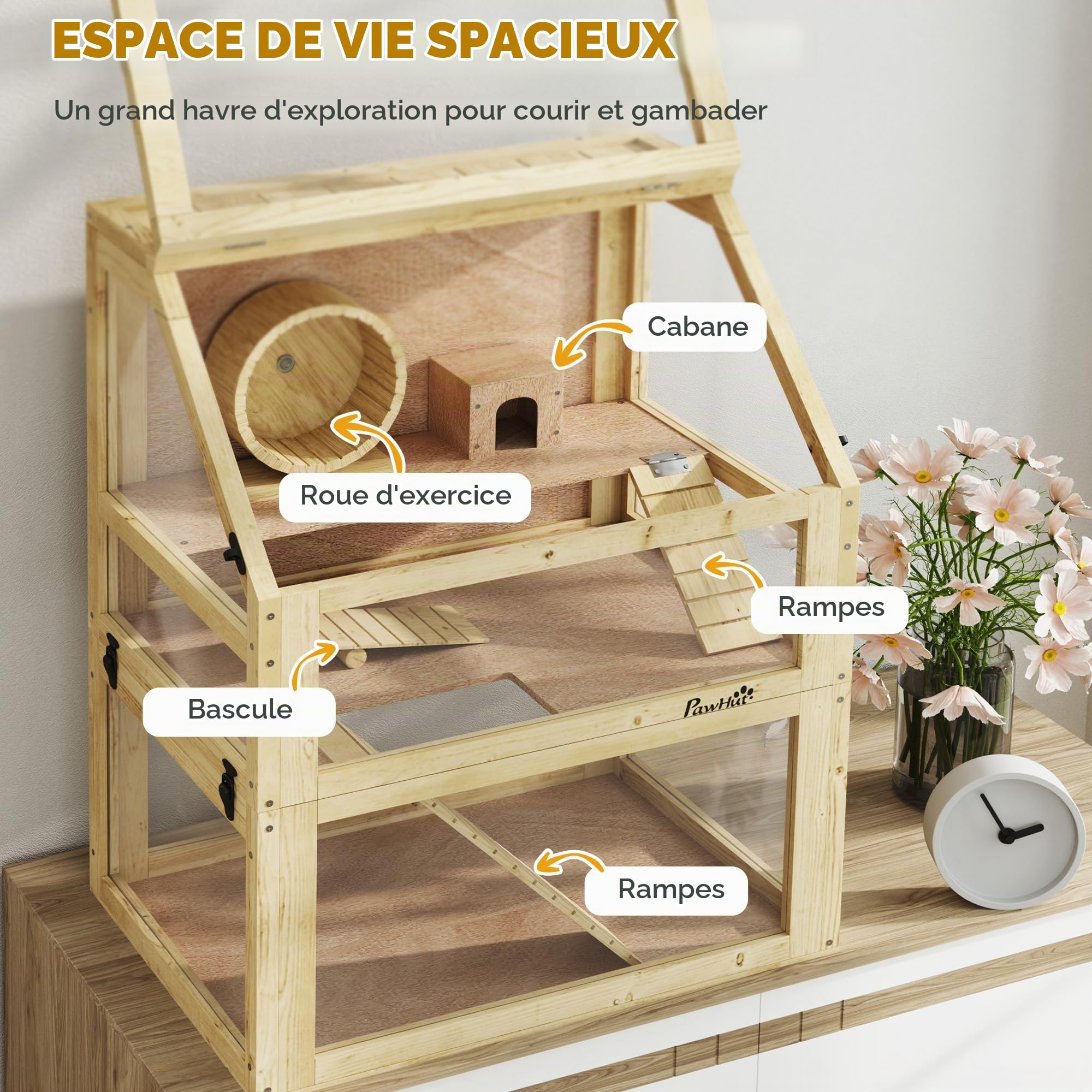 PawHut Cage à hamster en bois 3 étages finition bois naturel | Gerbil Cage amovible de 32 cm de profondeur, cabane, balançoire, roue d'exercice, rampes