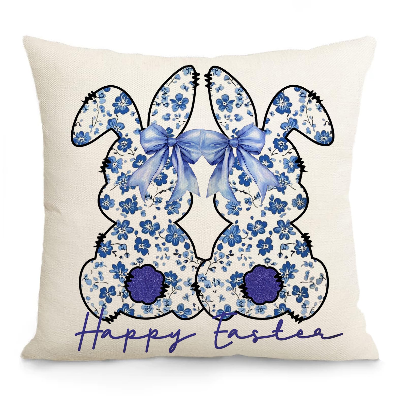 AOFANGGO Easter Pillow Cover 18X18 Inch Chinoiserie Blue Bunnies Happy Easter Decorations Holiday Farmhouse Decorative Spring Pillow Case for Home