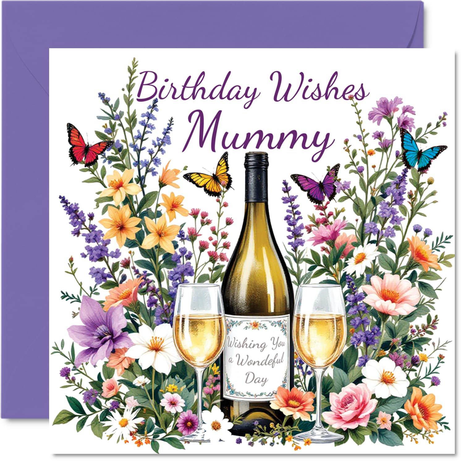 Mummy Birthday Card - Flowers & Wine - Happy Birthday Card for Mummy from Son Daughter, 145mm Flowers & Wine Bday Greeting Cards