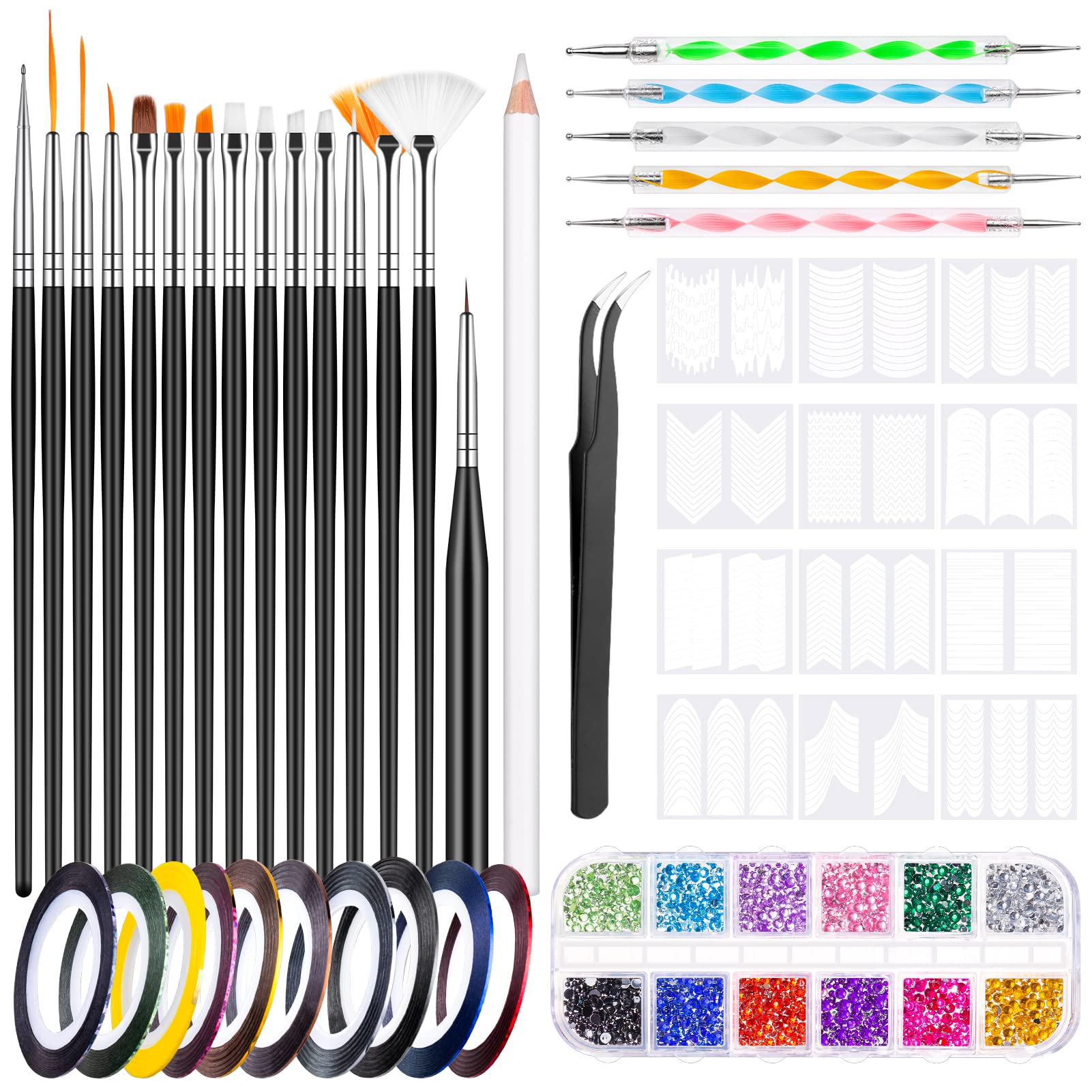 MELLIEX Kit de Manicura, 45 Piezas Accesorios Decoración Set con Pinceles de Uñas, Diamantes de Imitación de Color, Pegatinas de Uñas Francesas, Cintas Adhesivas Uñas, para DIY Uñas