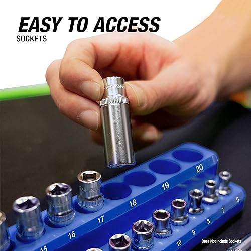 Vista 7 de OEMTOOLS 22461 Juego de 6 Bandejas Magnéticas para Llaves de Vaso Métricas y SAE, Organizadores de Llaves de Vaso Verde y Azul, Juego de Bandejas