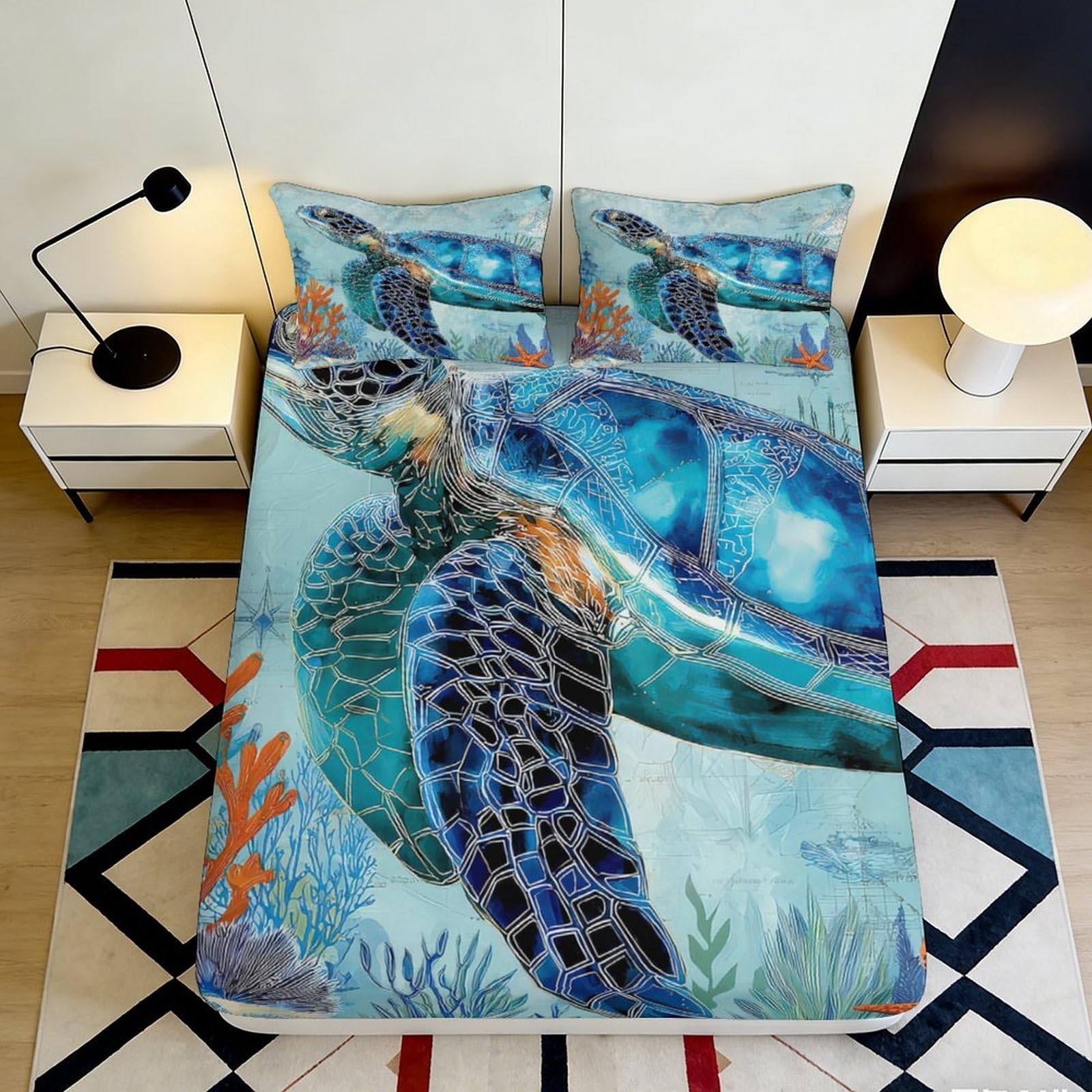 3D Printed Sea Turtle Ocean Fitted Sheet Microfiber Soft Blue Coral Mattress Cover for Bedroom Dorm Bed Decor 180x200x25cm