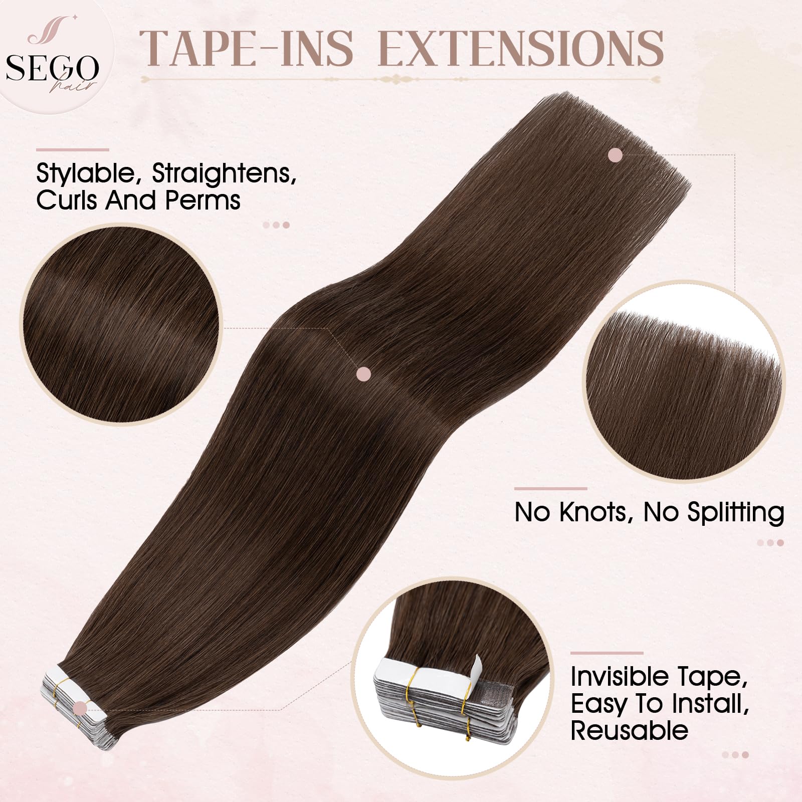 SEGOHAIR Tape in Hair Extensions Human Hair, 12" Invisible 10Pcs Real Hair Straight Natural Remy Tape Hair Extensions - Medium Brown - Image 3