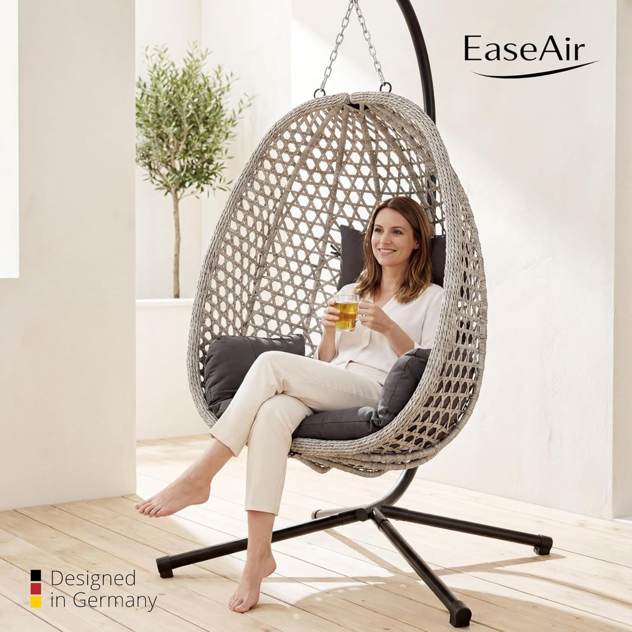 Luxus Hängesessel mit Gestell für Outdoor & Indoor – Ganzjähriger Loungesessel mit Sommer-/Winter-Wendebezug, bis 150 kg belastbar, inklusive robuster Abdeckplane, faltbar, Grau