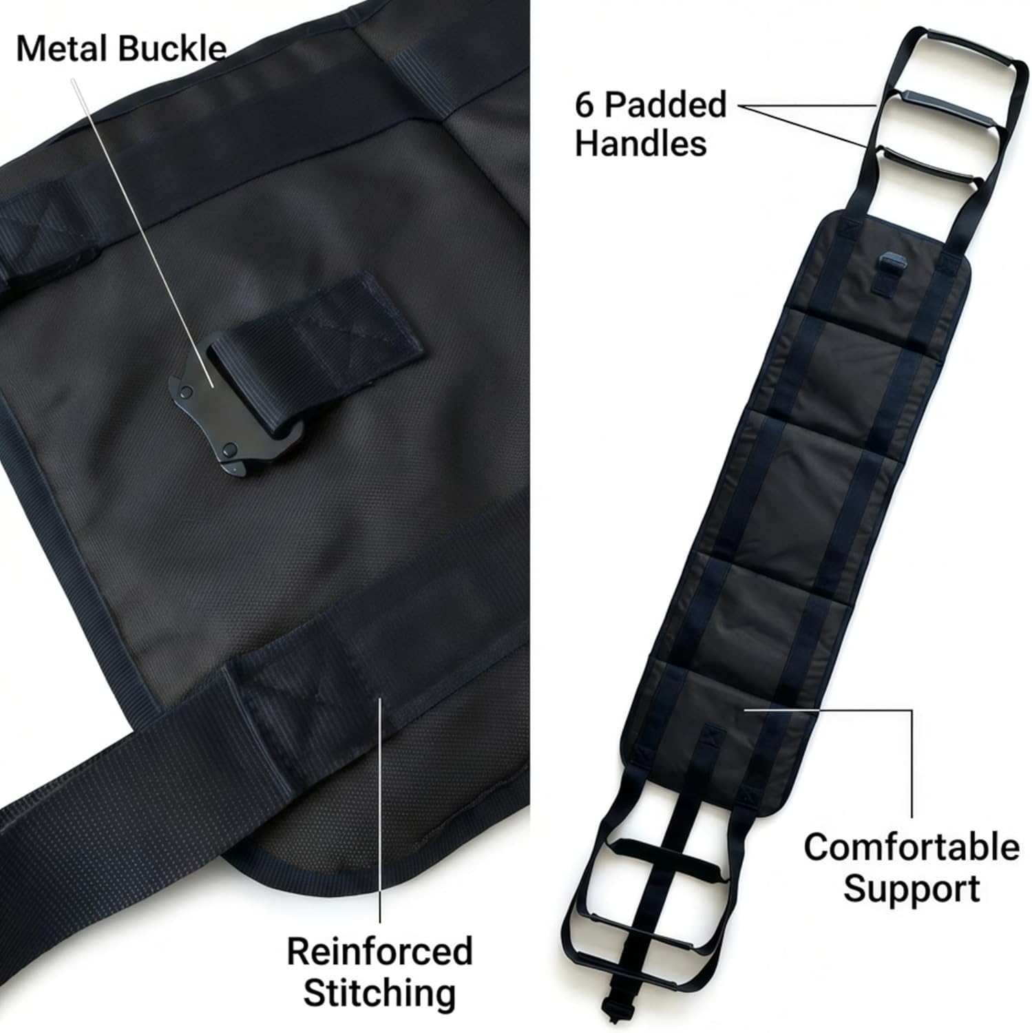 Transfer Sling, Upgraded with Metal Buckle, 6 Reinforced Straps with Hand Grips, Lift & Standing Aid for Caregivers, Elderly & Disabled, Transfer Belt for Home Use (Black, Large)