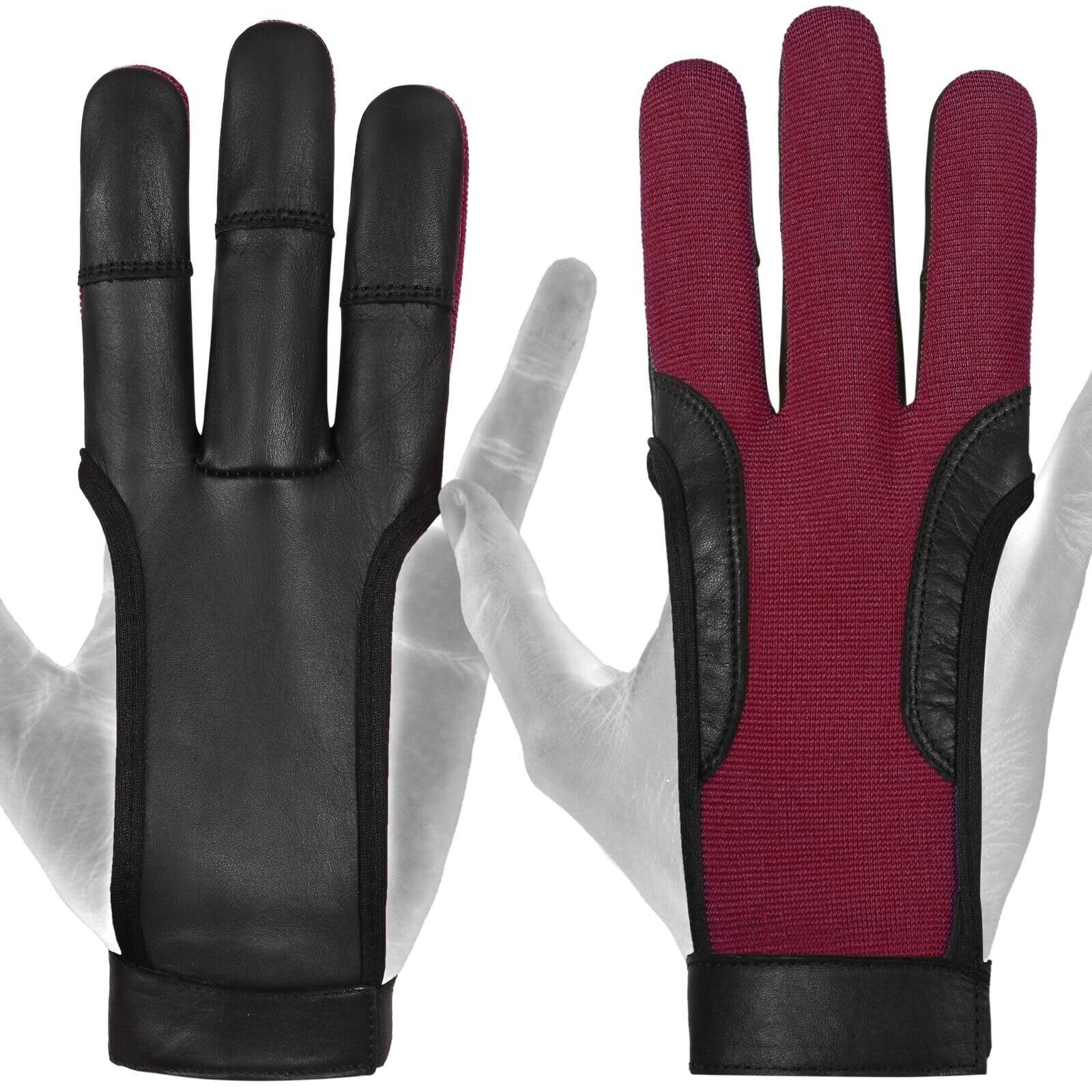 DKZ leather ARCHERS 3 FINGER Glove 100% Leather, Right Hand,Black,Blue,Green,Red,Yellow Professional Leather hunting Glove for Adults (Red, L, Right)