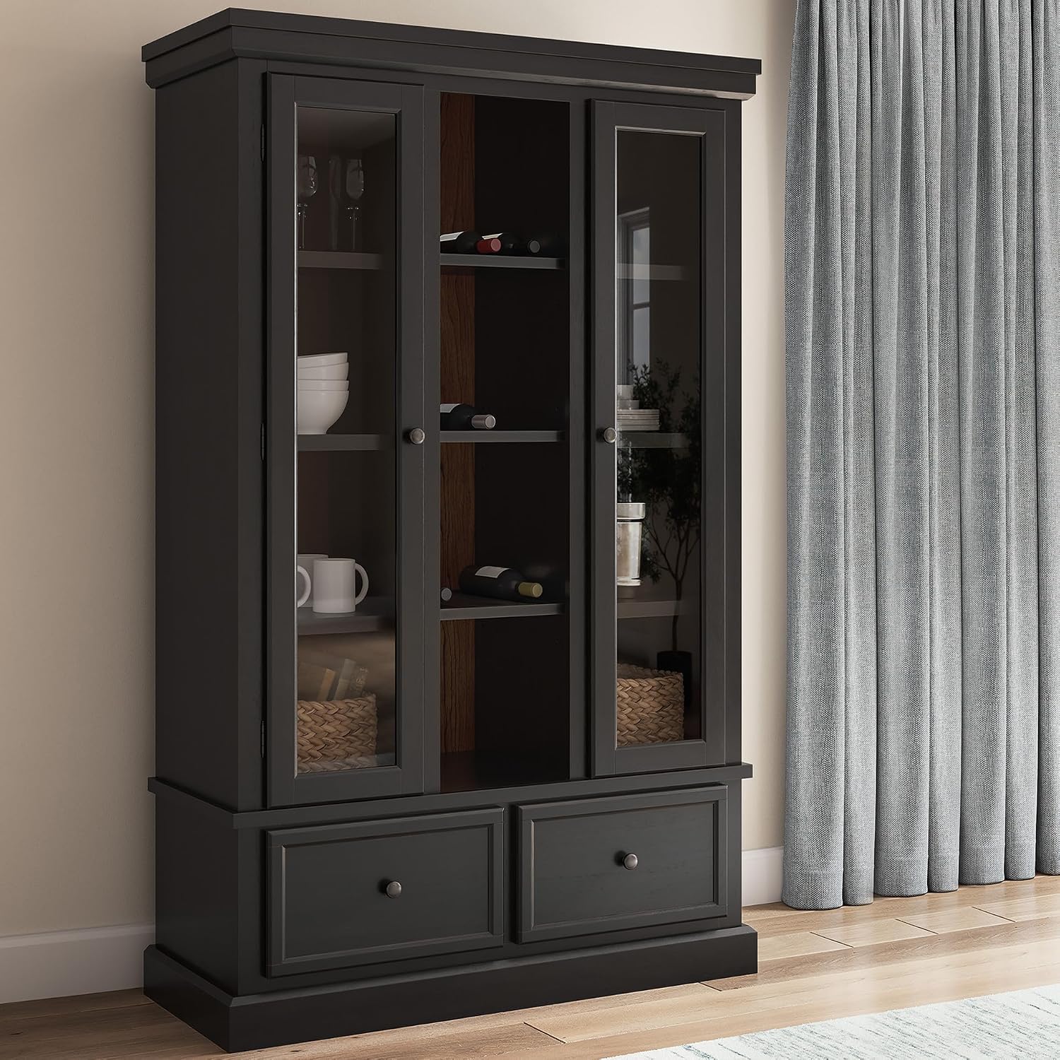 Signature Design by Ashley Glass Curio Cabinet, Farmhouse, Black & Brown | Hardwood solids, Mango wood veneer and MDF substrate, Reversible wine storage, Glass doors, Basinger Series