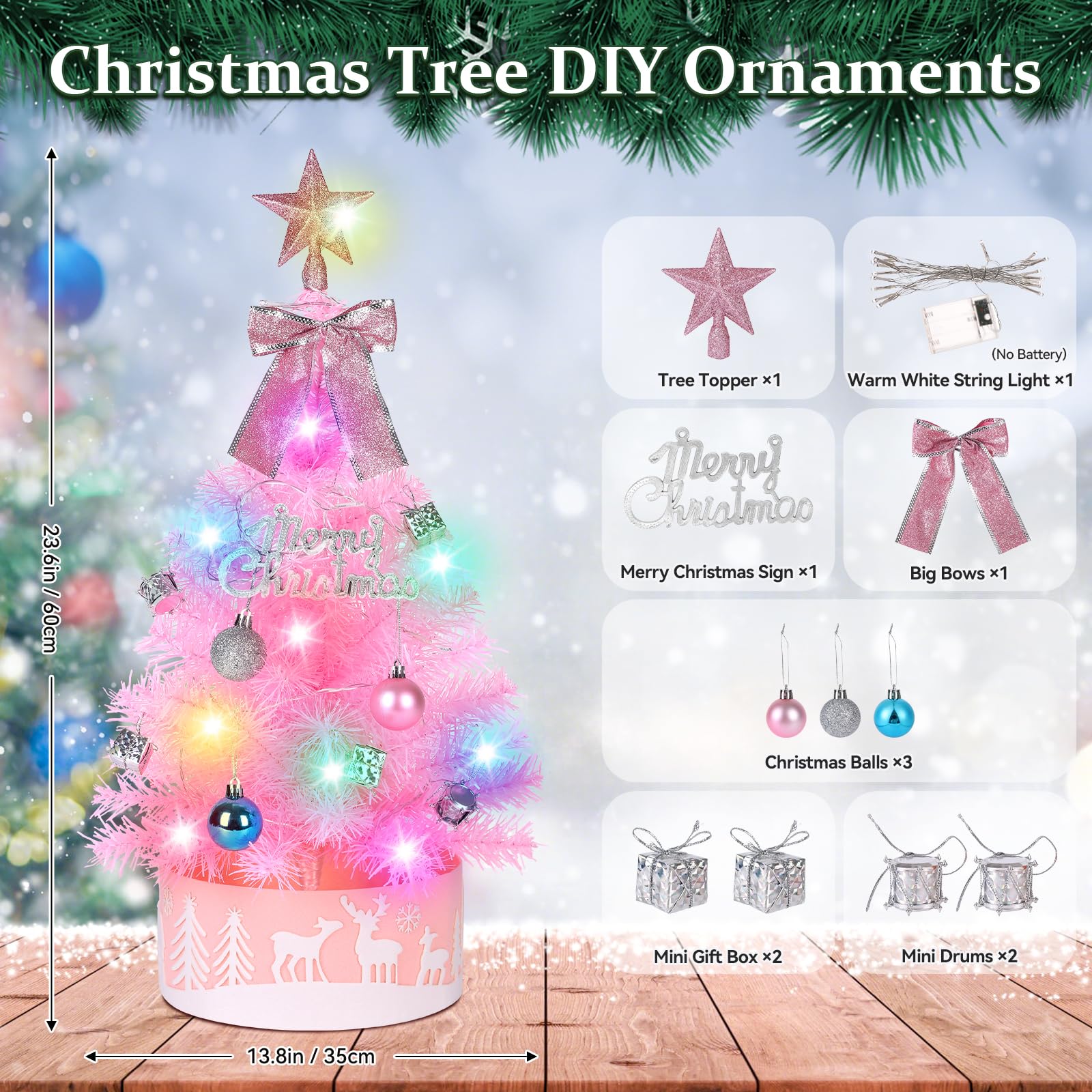 60cm Pinker Künstlicher Weihnachtsbaum mit Bunten LED-Lichtern - DIY-Deko-Set inkl. Sternspitze, Schleife, Baumrock, Trommeln & Geschenkboxen - Rosa Tischbaum für Mädchenzimmer & Homeoffice