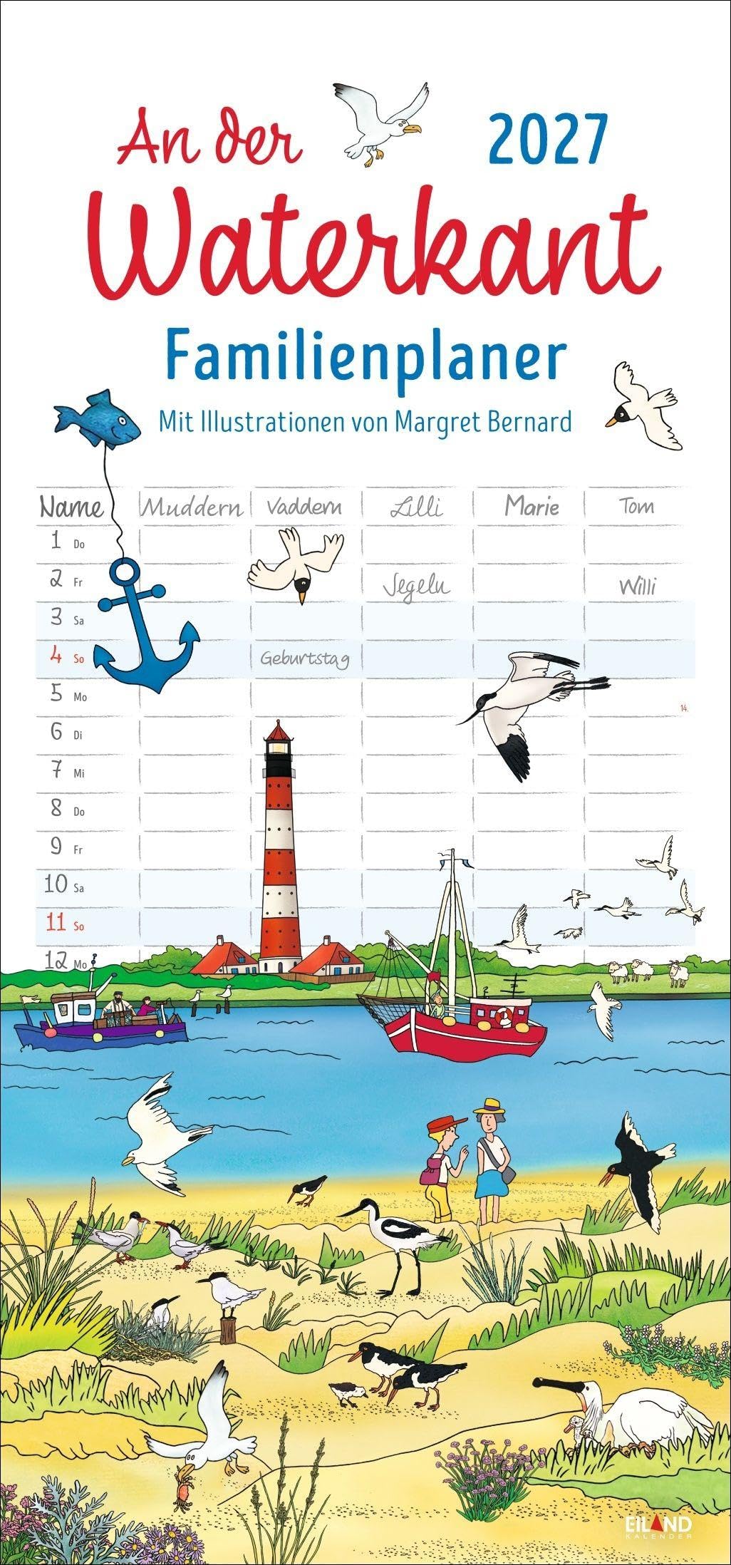 An der Waterkant Familienplaner 2027 - Margret Bernard: Familienkalender mit 5 Spalten. Liebevoll illustrierter Familien-Wandkalender mit Schulferien. Wandplaner 2027 für Nordsee- und Ostsee-Fans.