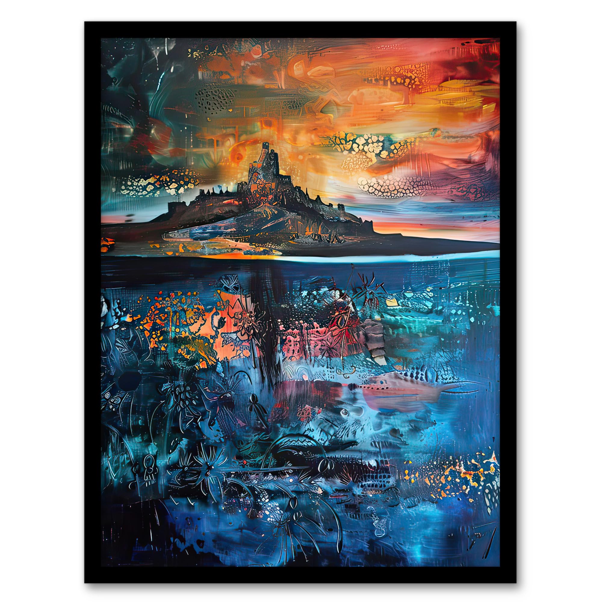 Artery8 Lindisfarne Castle Holy Island Sunset Abstract Living Room Artwork Framed Wall Art Print 18X24 Inch